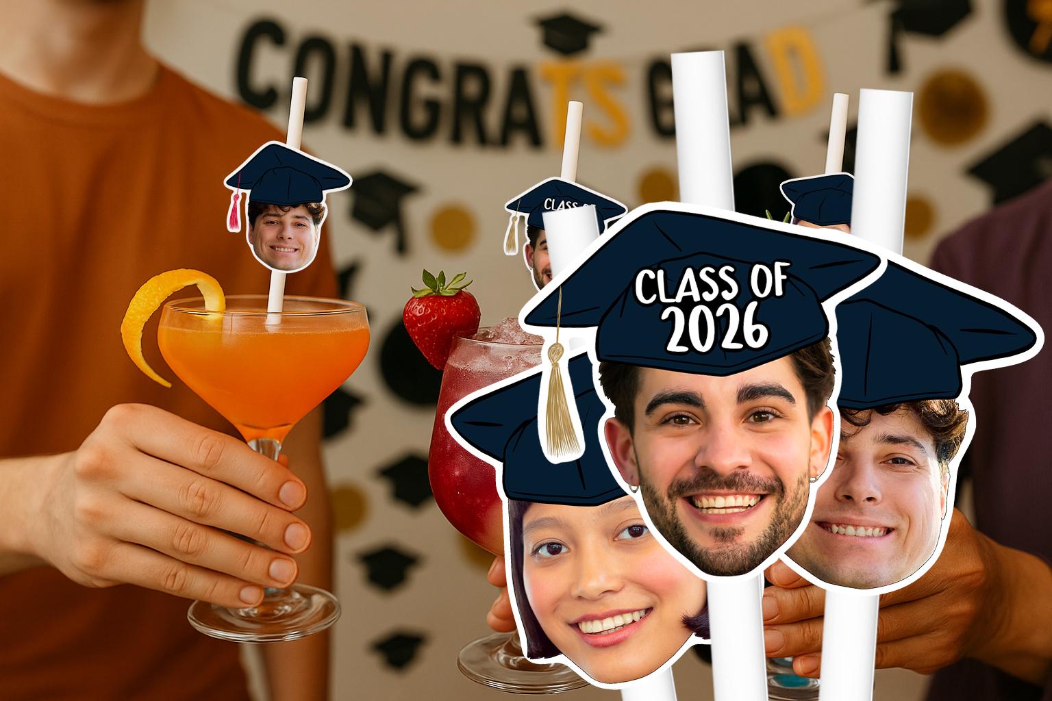Graduation Party Straws – Personalised Graduate Face Drink Decorations – Custom Class of 2025 Party Supplies – Funny Graduation Favours