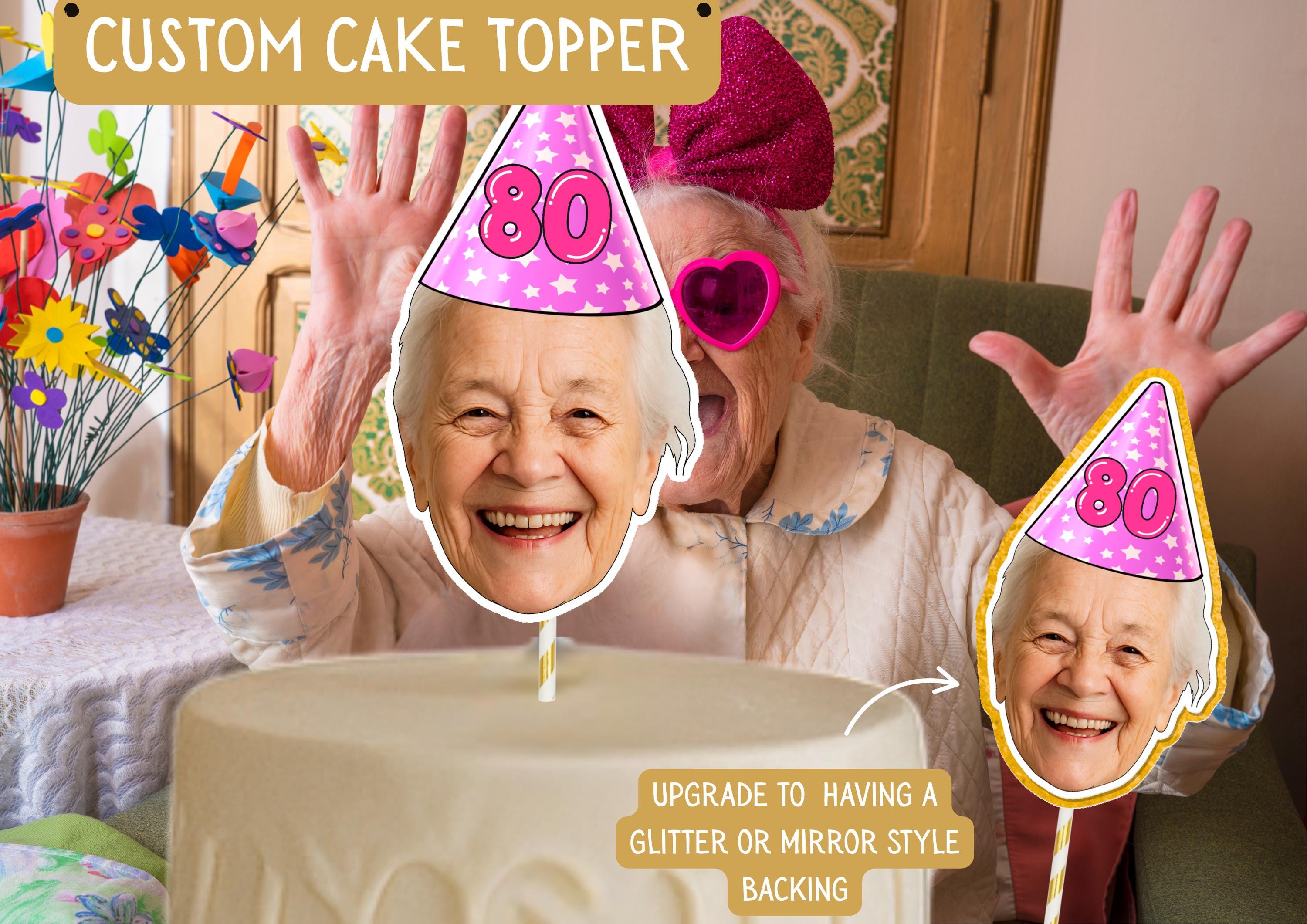 Personalised Milestone Birthday Cake Topper with Custom Face Photo for 50th, 60th, 70th Celebrations