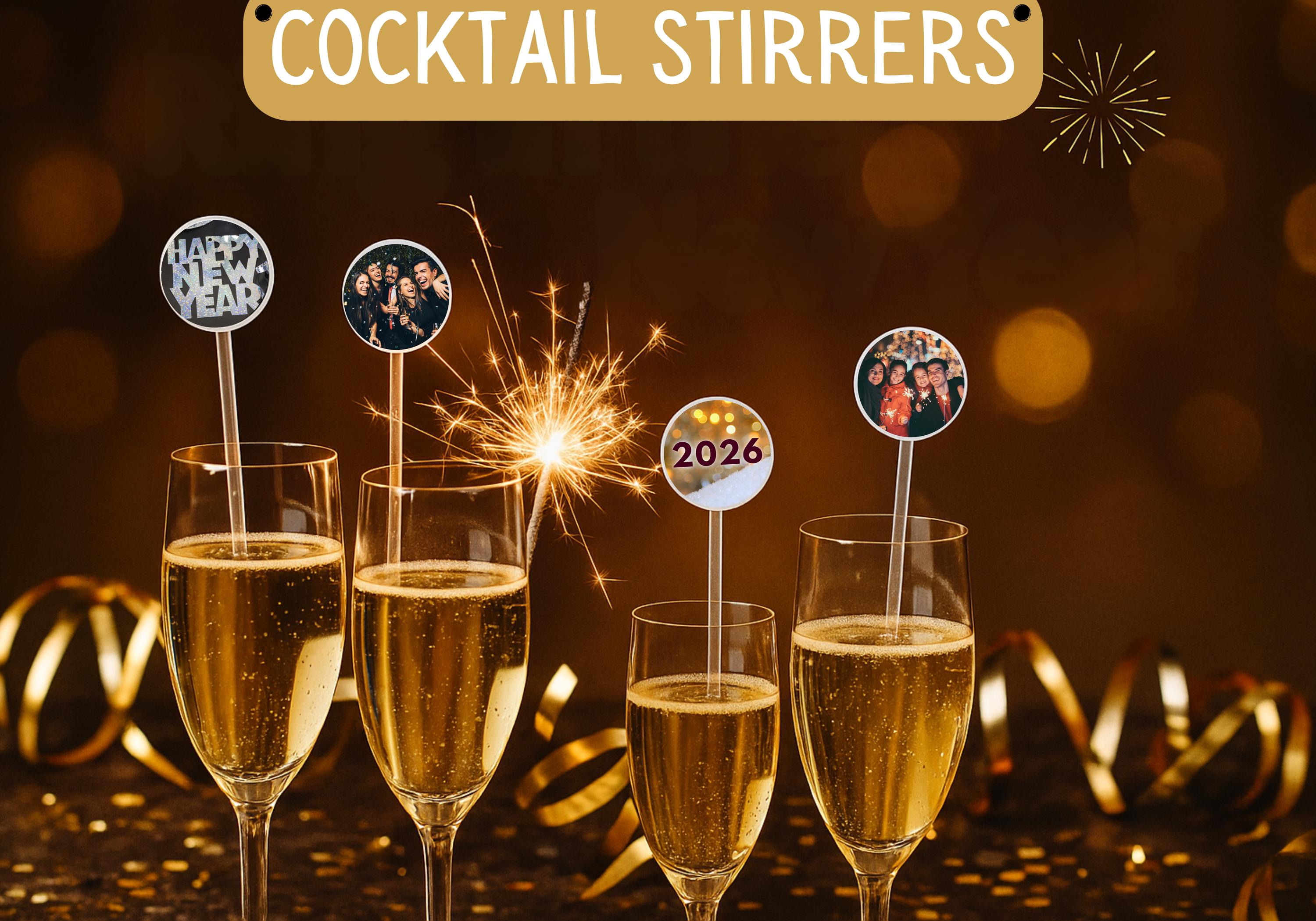 New Year’s Eve Cocktail Stirrers | Personalised Face, Logo or Text | Party Drink Stirrers for Countdown Celebrations | One/Double-Sided