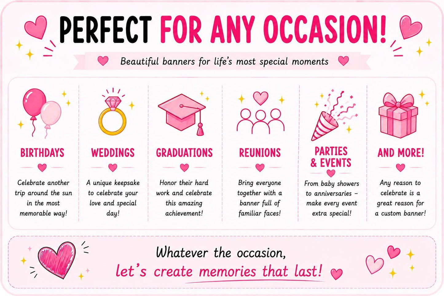 Personalised photo banner inspiration guide featuring birthdays, weddings, graduations, reunions, retirements, baby showers, office parties and special events. Shows how custom face banners can add fun, laughter and memorable moments to any celebration.