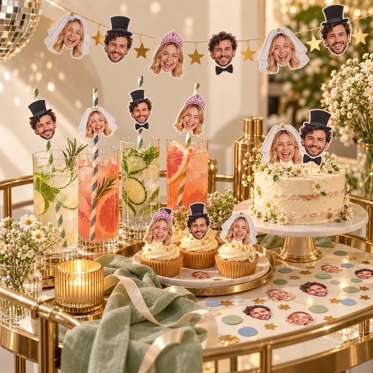 Personalised hen and stag party drinks table with face straws, photo confetti, cake toppers and banner decorations.
