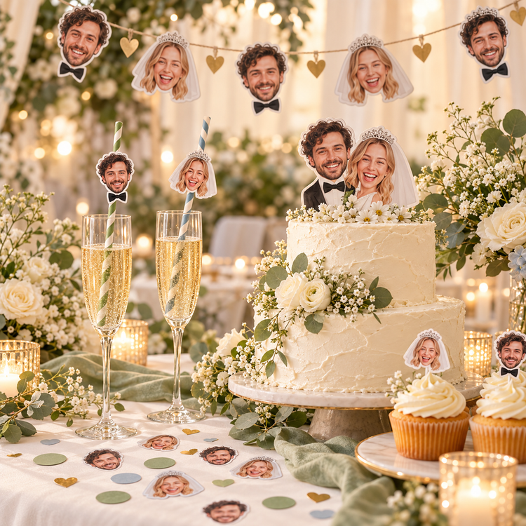 Personalised wedding reception with bride and groom face cake topper, photo confetti, straws and wedding banner.