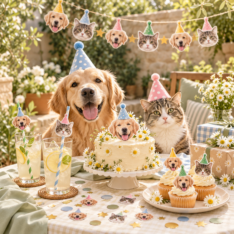 Pet birthday party with personalised dog and cat face confetti, straws, cake toppers and photo banner.
