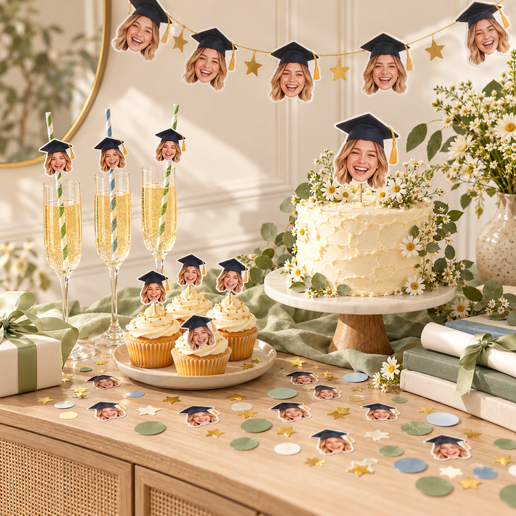 Personalised graduation party display with graduate photo cake topper, face confetti, straws and graduation banner.