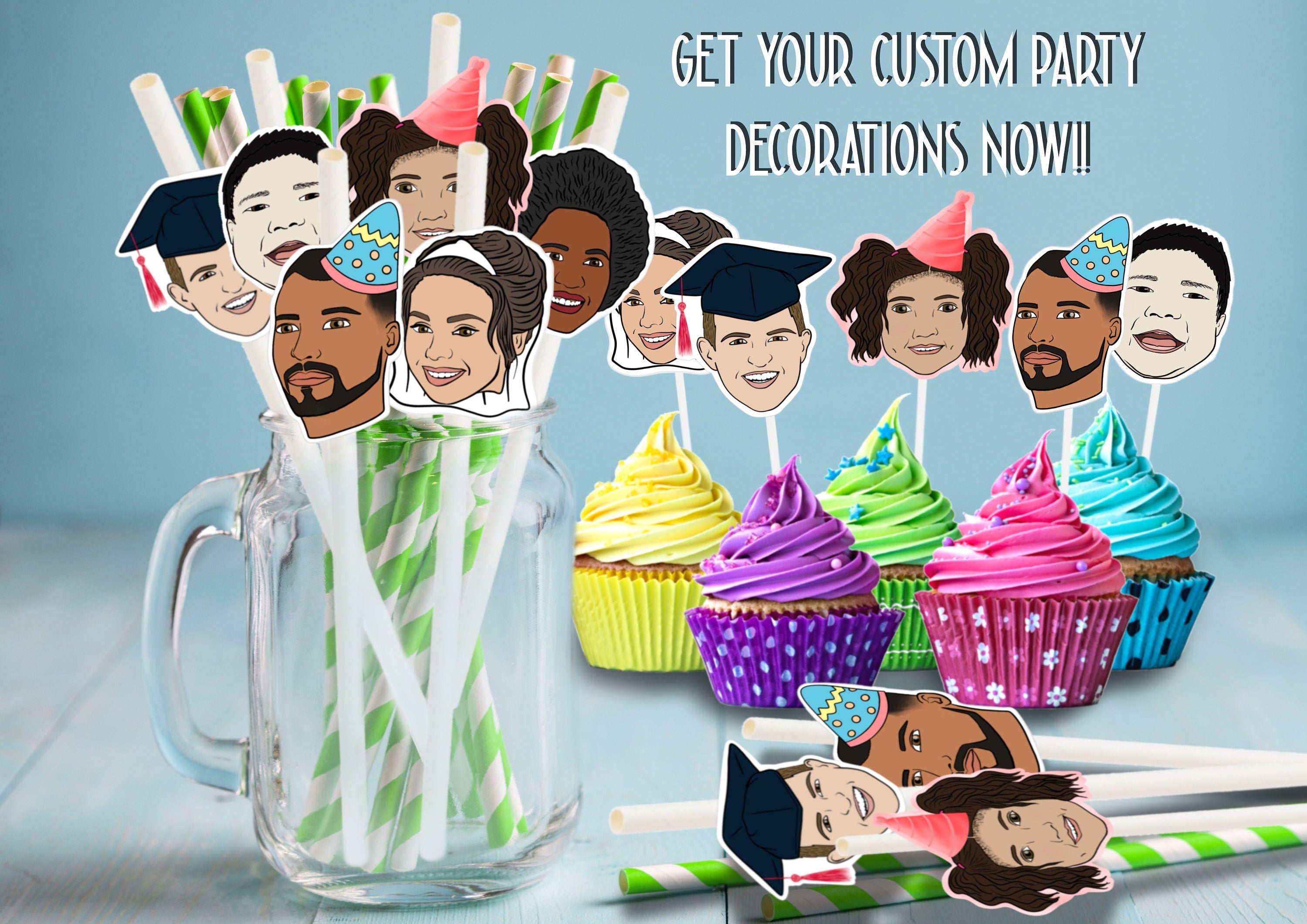 ILLUSTRATED CONFETTI HEADS | graduation cupcake toppers, drawing from photo, personalised, photo drawing, portrait