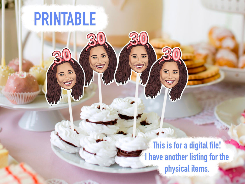 Printable decorations, 30th birthday Party, drawing from photo, custom Cupcake Toppers, happy birthday banner, personalised gift,