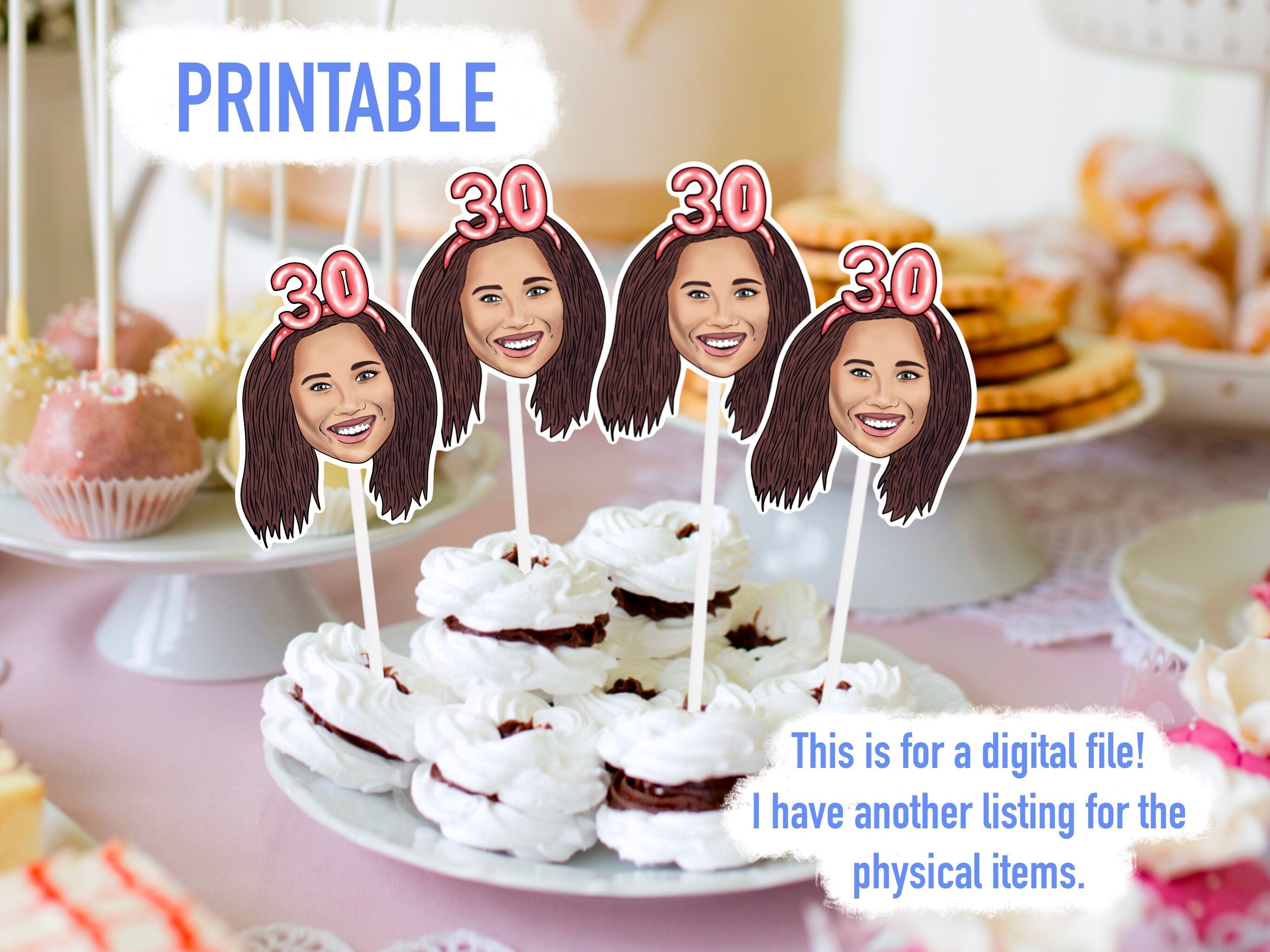 Printable decorations, 30th birthday Party, drawing from photo, custom Cupcake Toppers, happy birthday banner, personalised gift,
