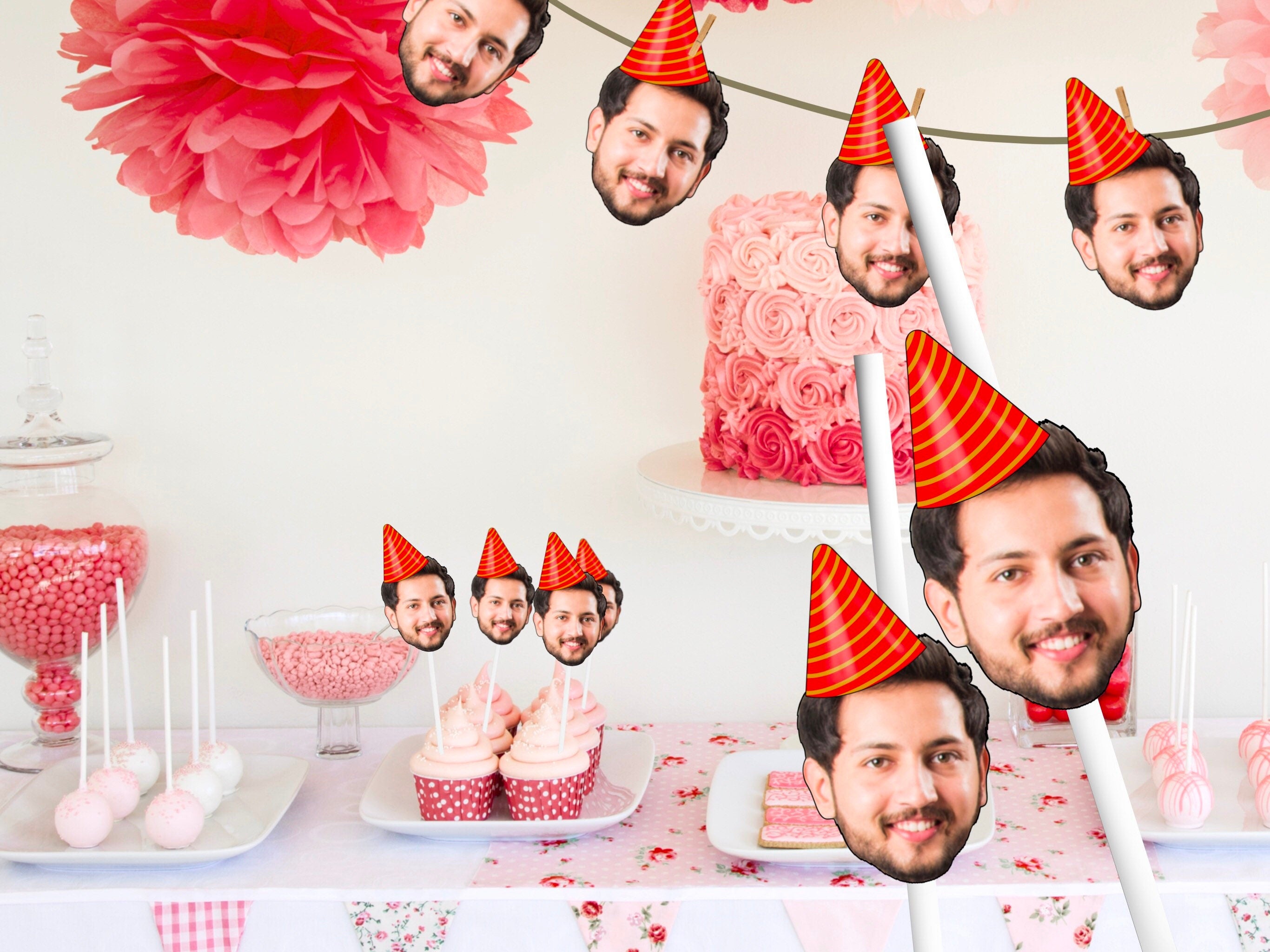 Printable Custom photo head Party Cupcake Toppers, Straws, Stickers, Banner, birthday decorations, personalised, decor, engagement, funny