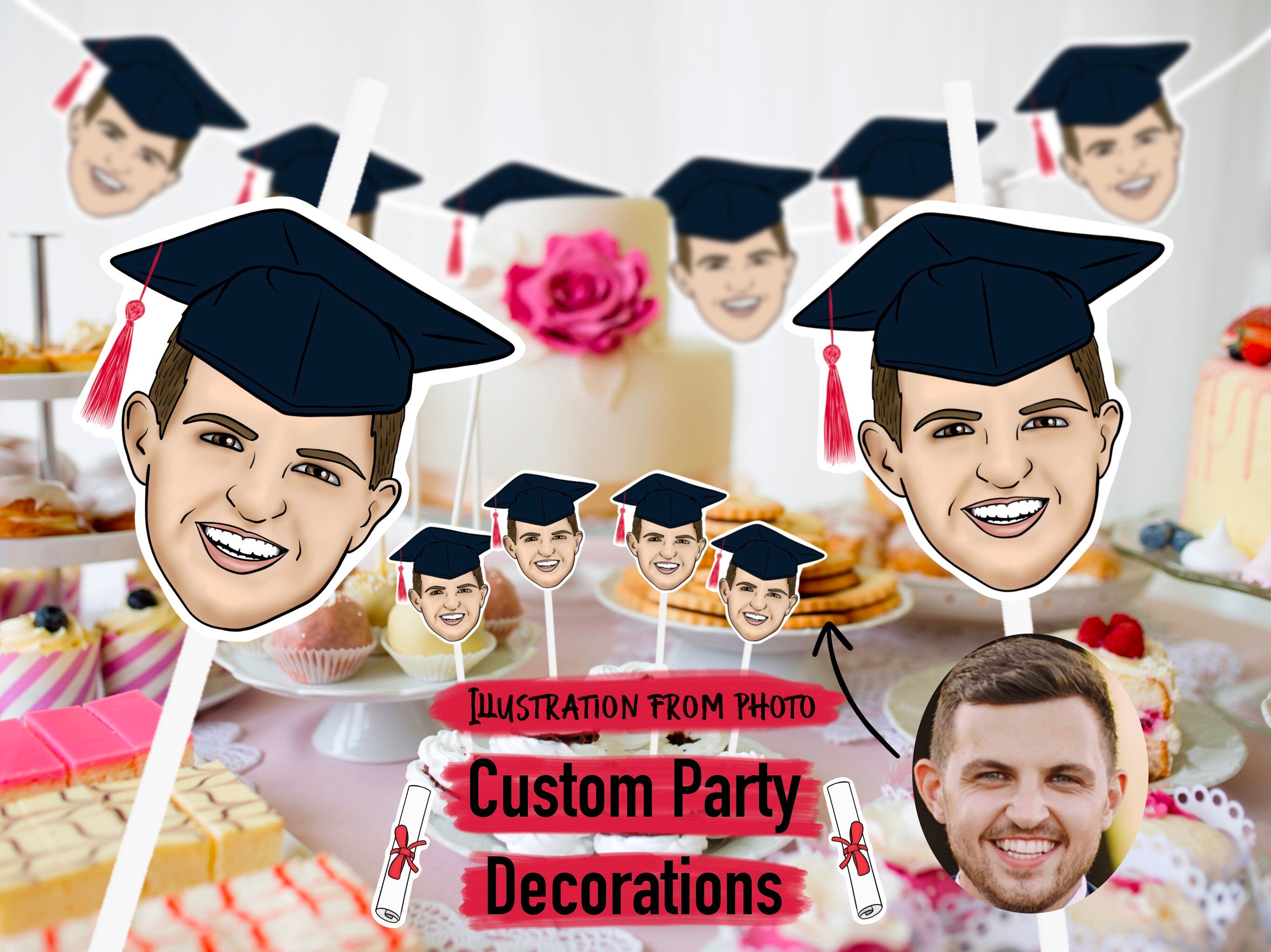 ILLUSTRATED CONFETTI HEADS | graduation cupcake toppers, drawing from photo, personalised, photo drawing, portrait