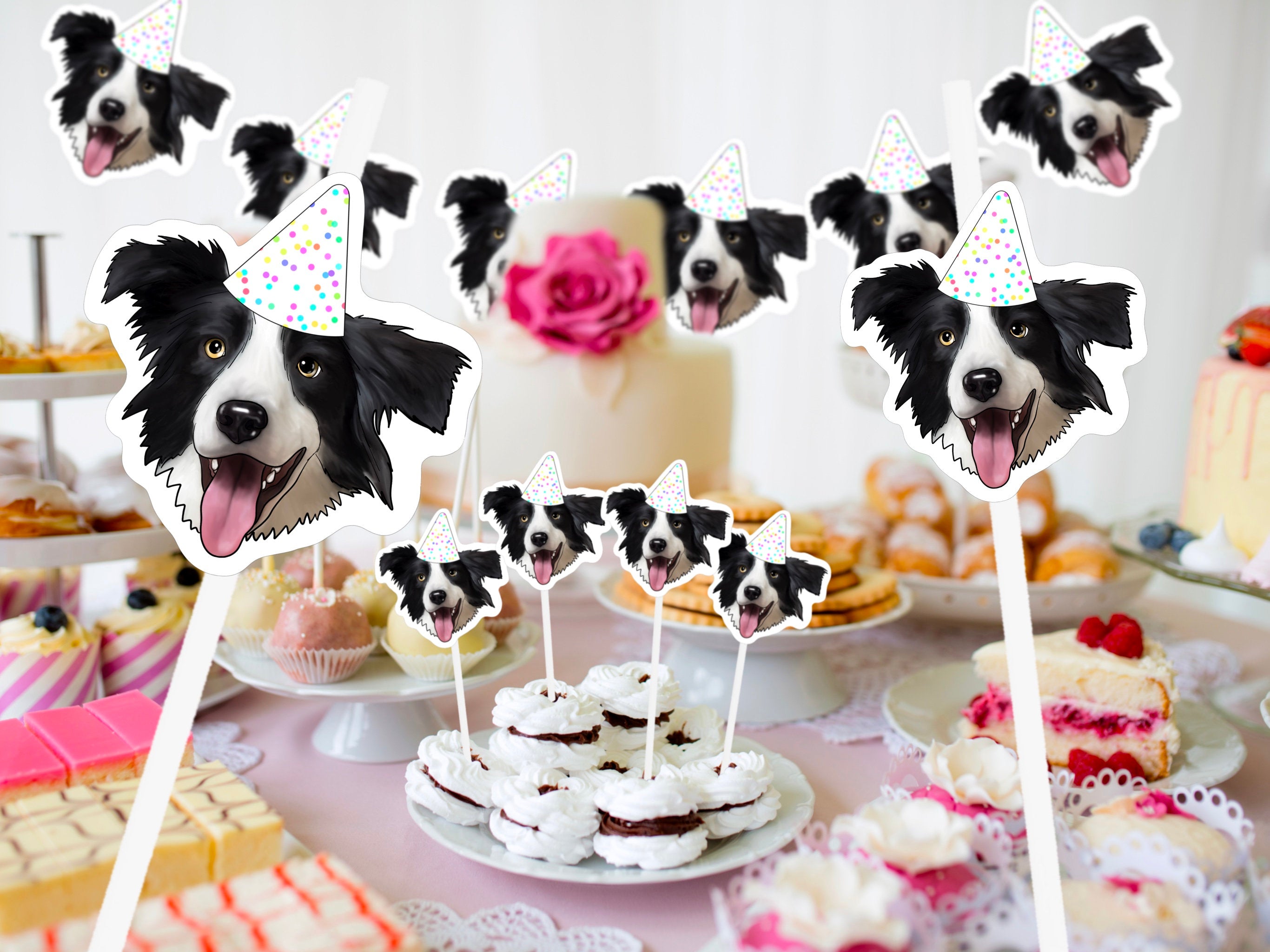 Printable decorations, dog cake topper, pet, cat cake, drawing from photo, custom Cupcake Toppers, happy birthday banner, personalised gift,