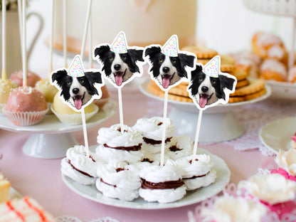 Custom Pet Portrait Cake Topper, Dog Cat Drawing from Photo, PRINTABLE Birthday Banner and Cupcake Toppers, Personalised Party Decorations