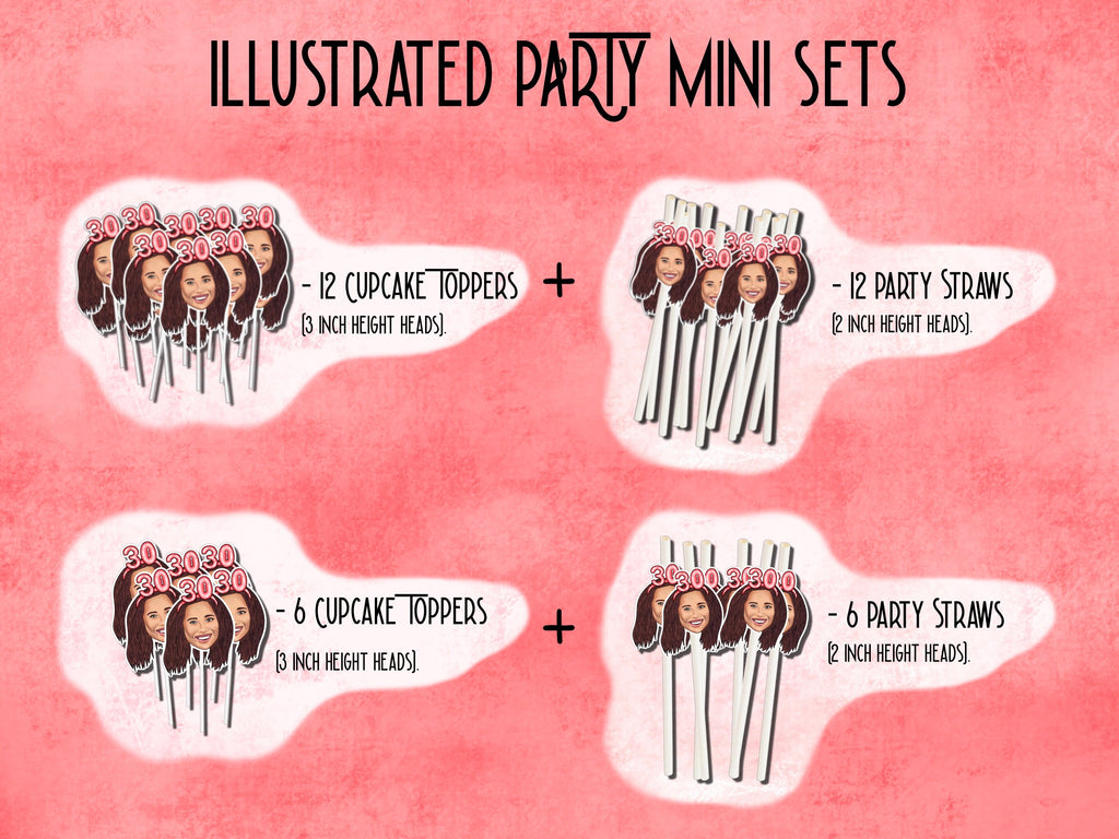 ILLUSTRATED PARTY SET, drawing from photo, birthday decorations, Banner, straw, topper, personalised portrait