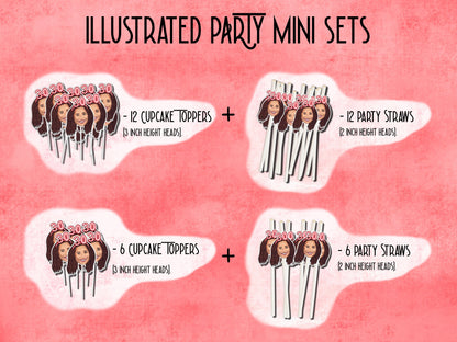 ILLUSTRATED PARTY SET, drawing from photo, birthday decorations, Banner, straw, topper, personalised portrait