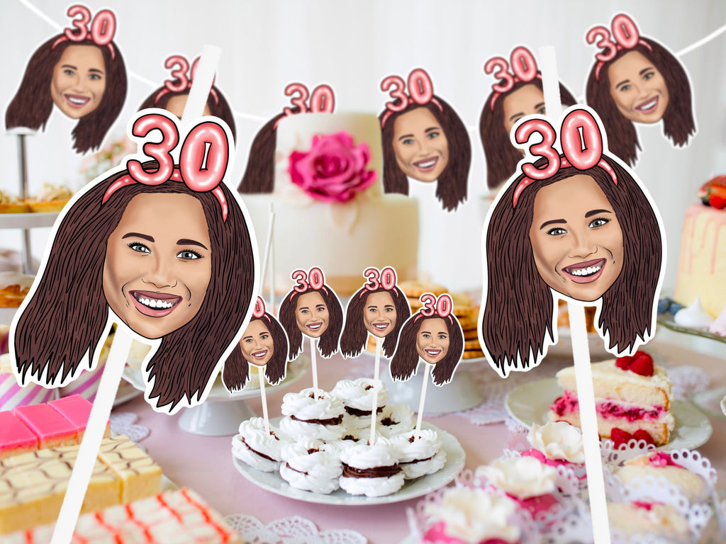 ILLUSTRATED PARTY SET, drawing from photo, birthday decorations, Banner, straw, topper, personalised portrait
