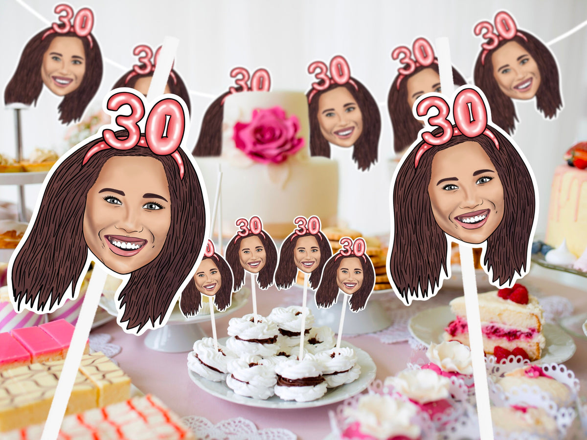 ILLUSTRATED PARTY SET, drawing from photo, birthday decorations, Banner, straw, topper, personalised portrait