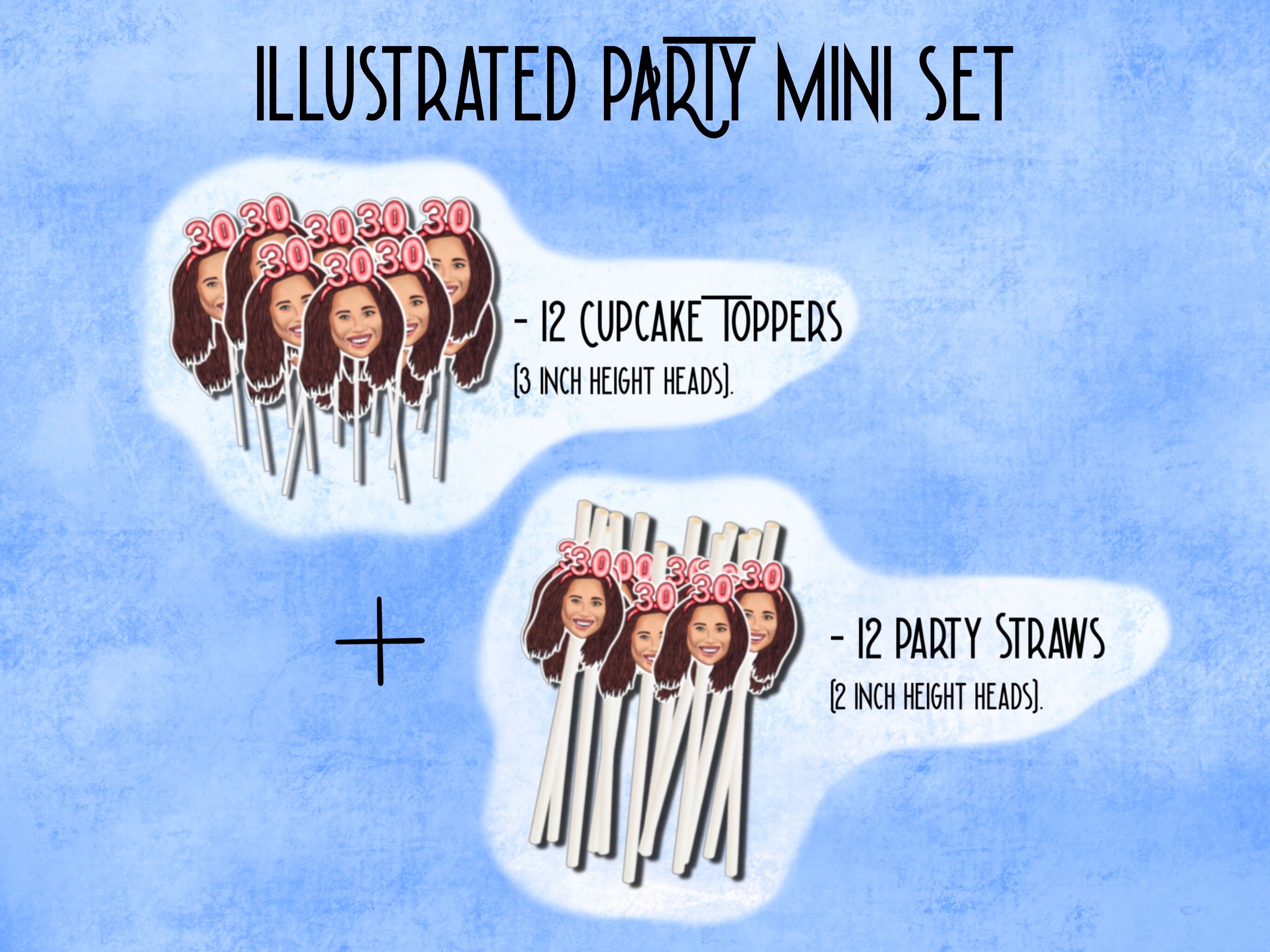 Printable decorations, 30th birthday Party, drawing from photo, custom Cupcake Toppers, happy birthday banner, personalised gift,