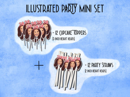 Printable decorations, 30th birthday Party, drawing from photo, custom Cupcake Toppers, happy birthday banner, personalised gift,