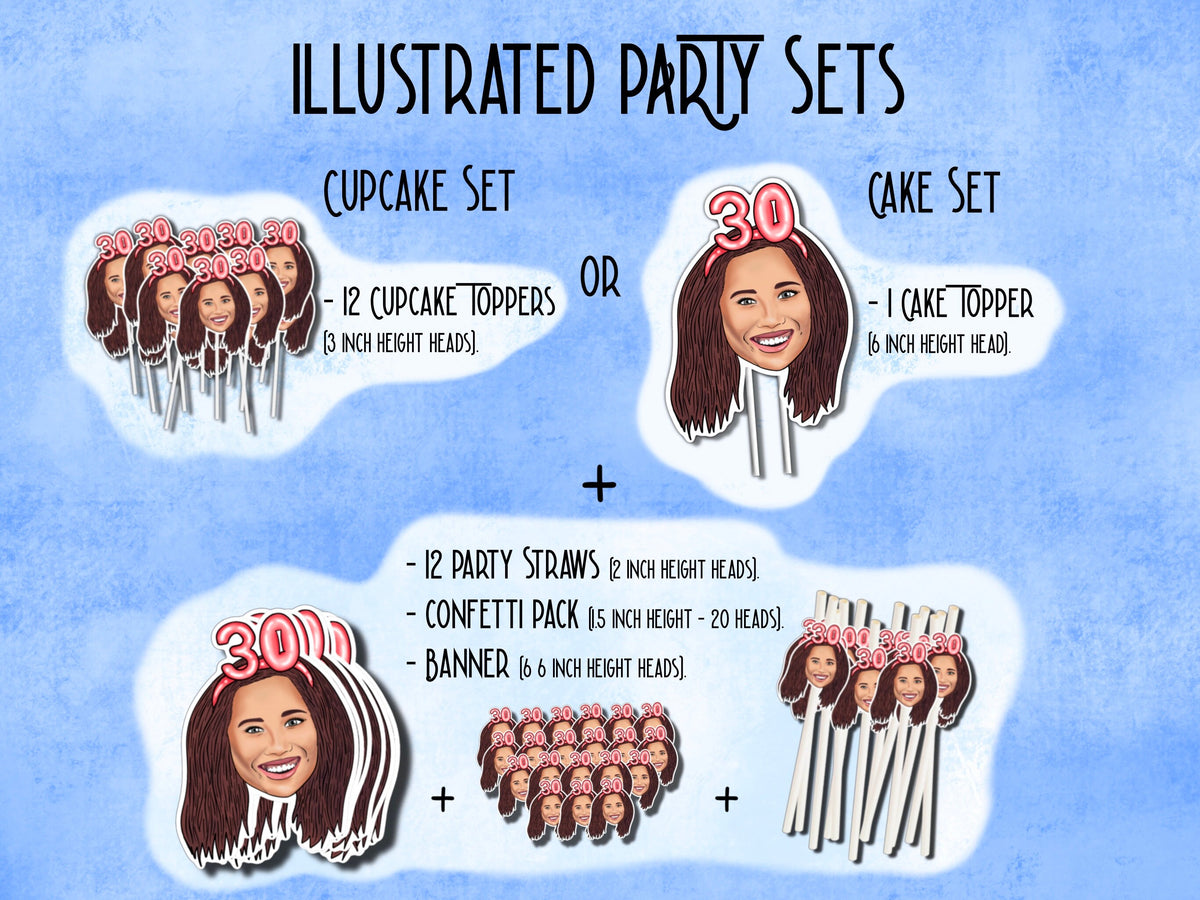Printable decorations, 30th birthday Party, drawing from photo, custom Cupcake Toppers, happy birthday banner, personalised gift,