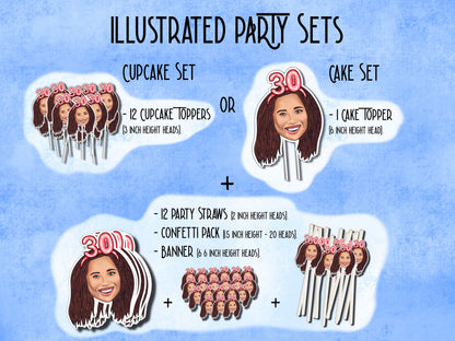 Printable decorations, 30th birthday Party, drawing from photo, custom Cupcake Toppers, happy birthday banner, personalised gift,