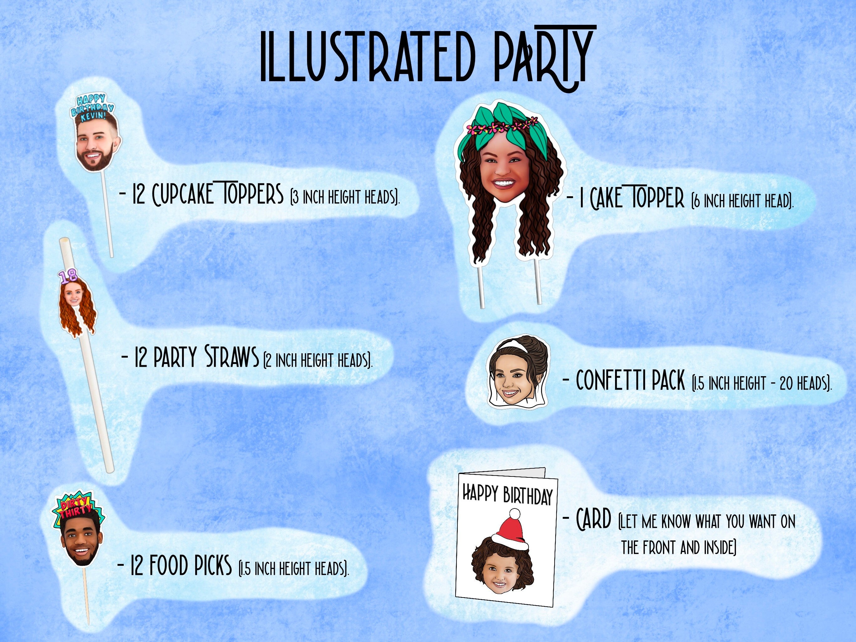 Printable decorations, 30th birthday Party, drawing from photo, custom Cupcake Toppers, happy birthday banner, personalised gift,