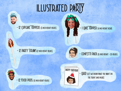 Printable decorations, 30th birthday Party, drawing from photo, custom Cupcake Toppers, happy birthday banner, personalised gift,