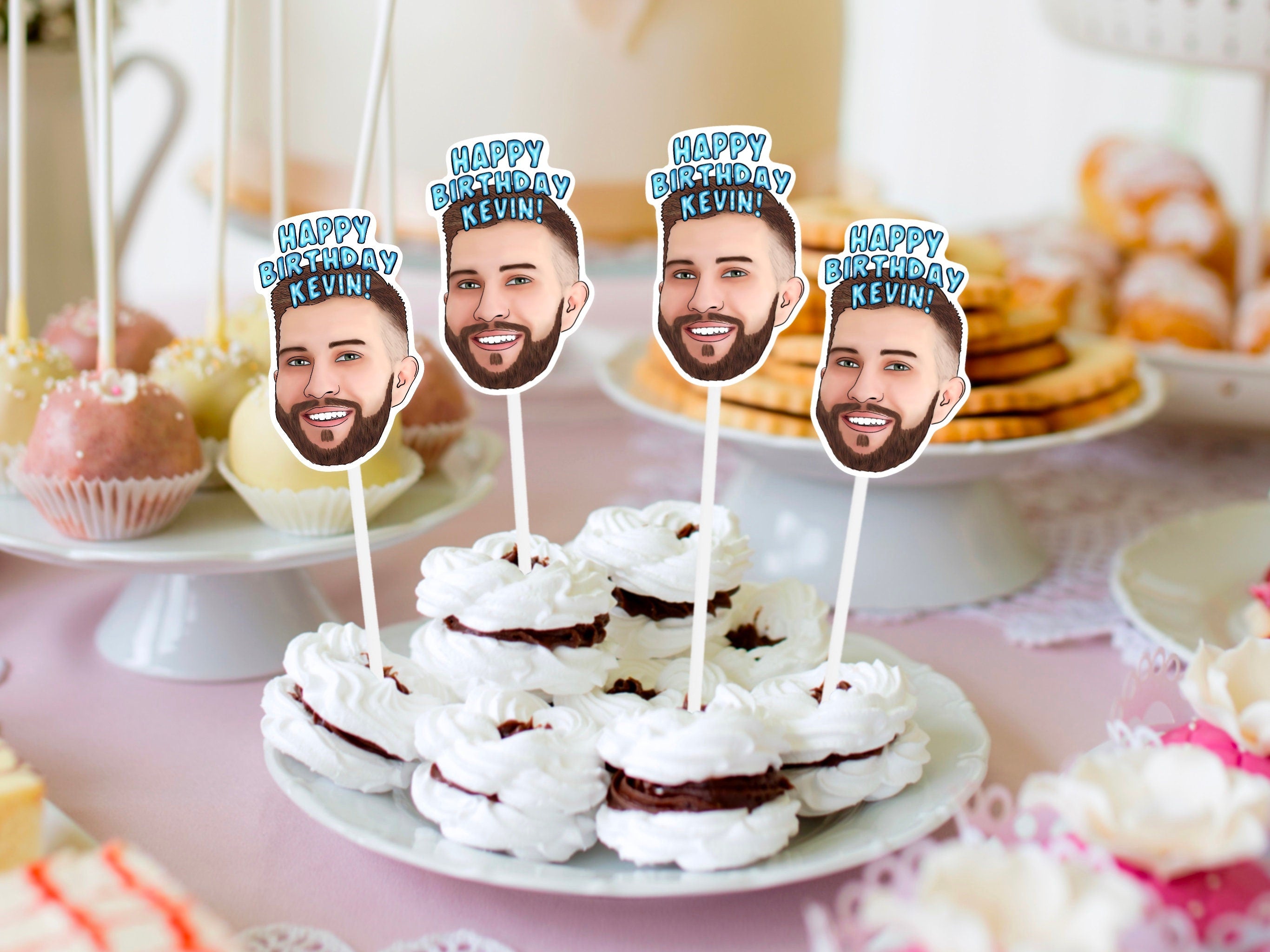 ILLUSTRATED CUPCAKE TOPPERS | drawing from photo, Birthday Party, Event Banner, decorations, personalised gift