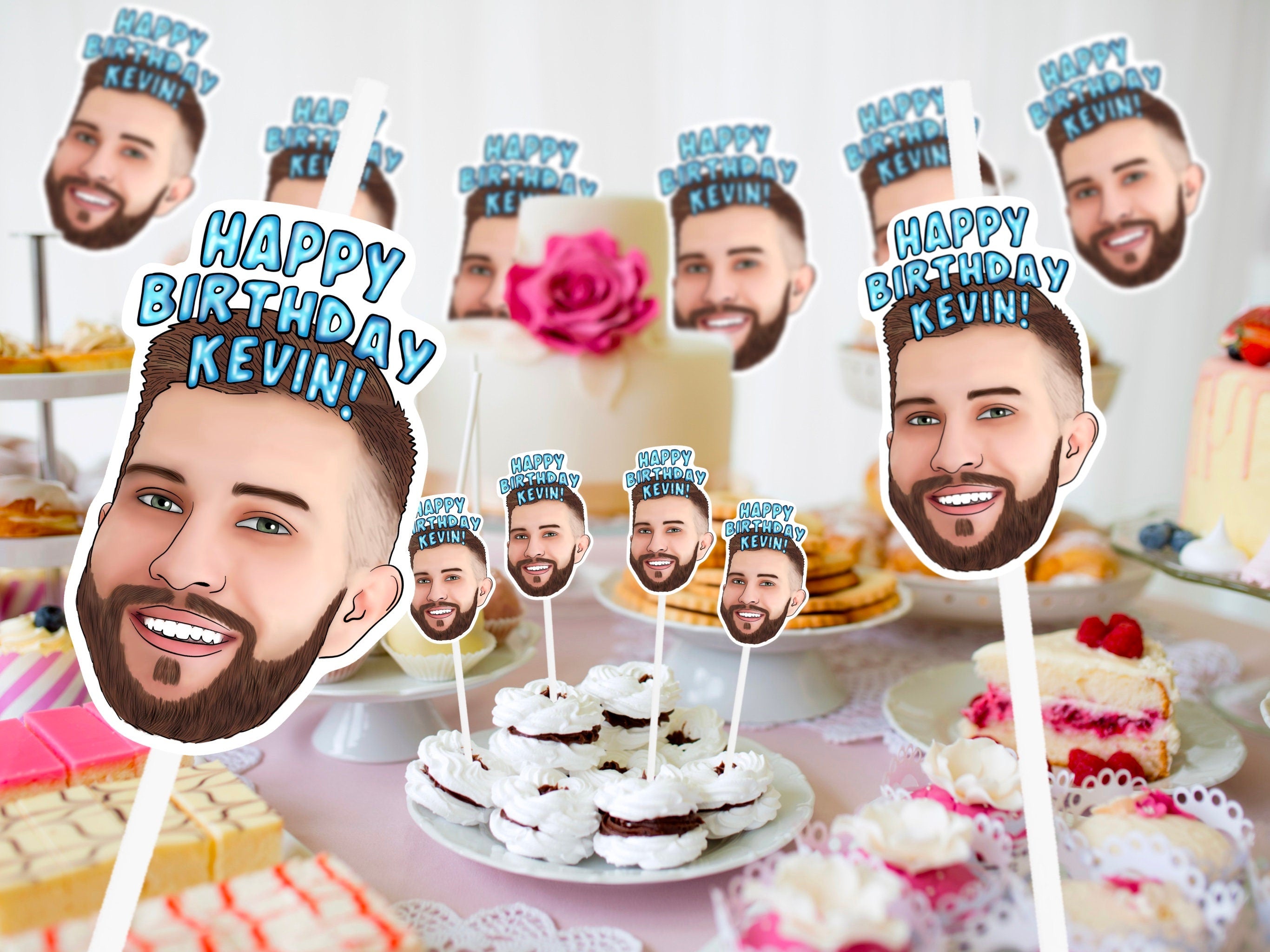 ILLUSTRATED CUPCAKE TOPPERS | drawing from photo, Birthday Party, Event Banner, decorations, personalised gift