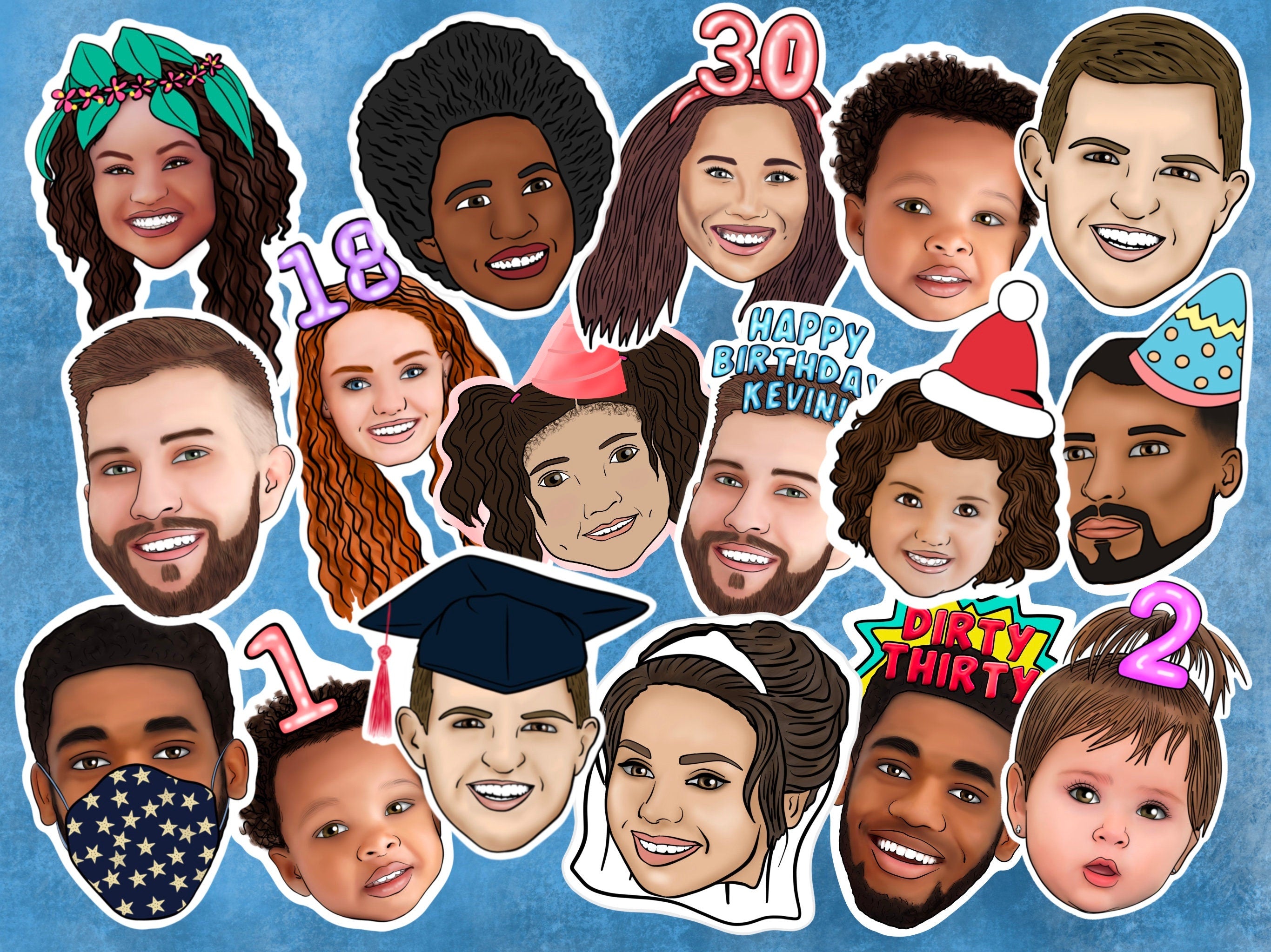 ILLUSTRATED CONFETTI HEADS | graduation cupcake toppers, drawing from photo, personalised, photo drawing, portrait