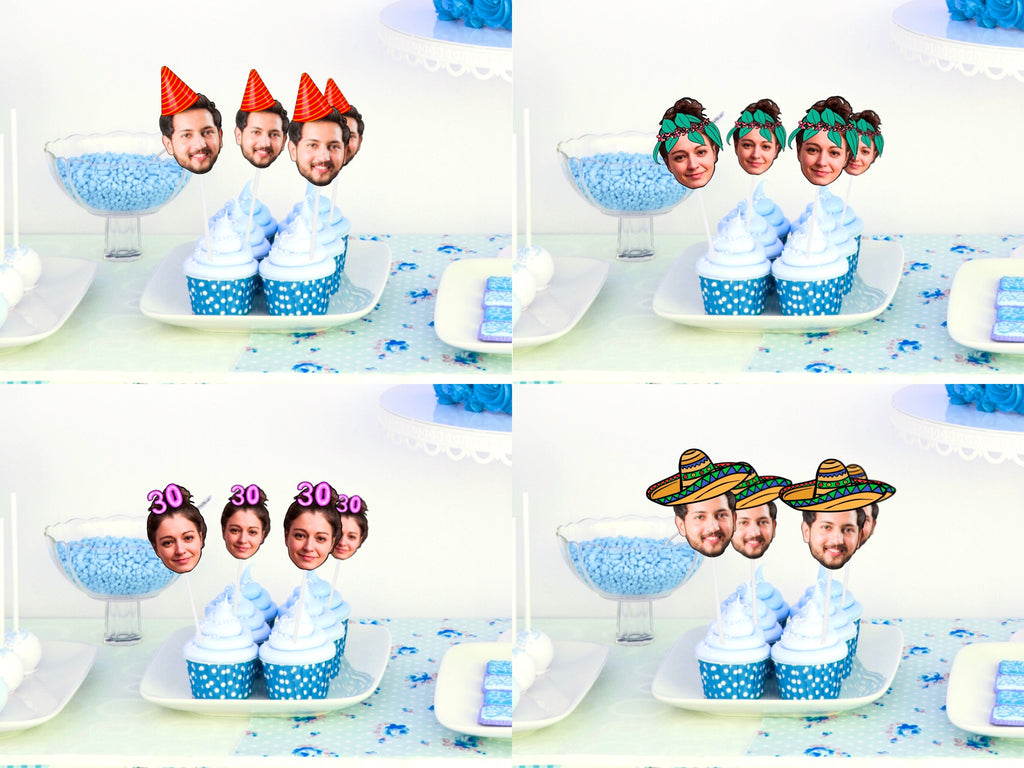 Examples of vibrant cupcakes decorated featuring a cut-out of a person&#39;s head wearing a colorful sombrero, a party hat, the number 30, and adorned with flowers, perfect for celebrating all sorts of special events!