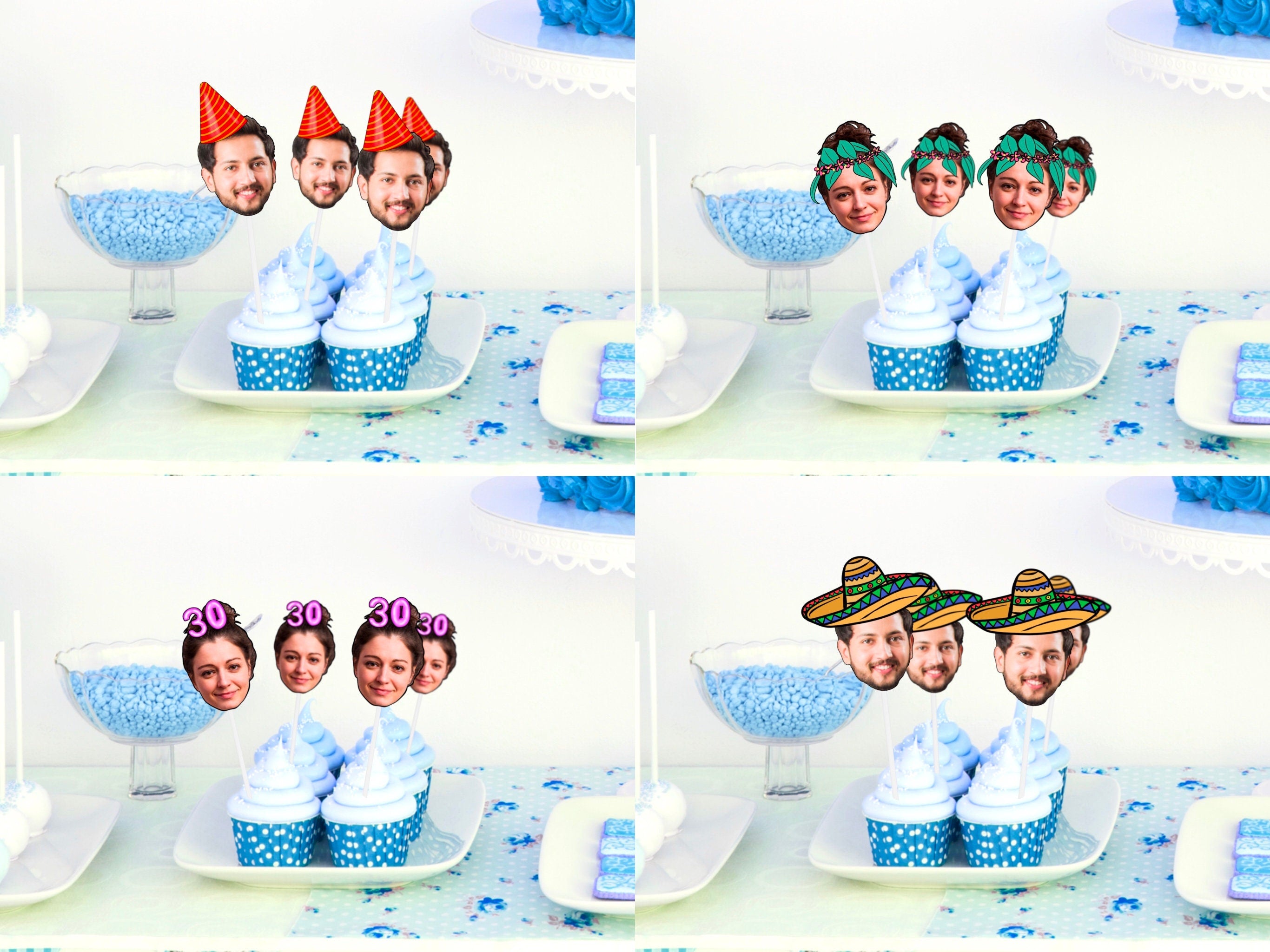 Examples of vibrant cupcakes decorated featuring a cut-out of a person&#39;s head wearing a colorful sombrero, a party hat, the number 30, and adorned with flowers, perfect for celebrating all sorts of special events!