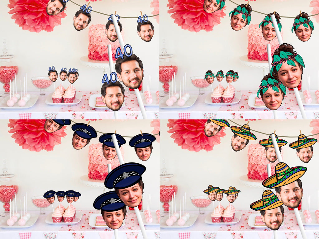 Printable Custom photo head Party Cupcake Toppers, Straws, Stickers, Banner, birthday decorations, personalised, decor, engagement, funny