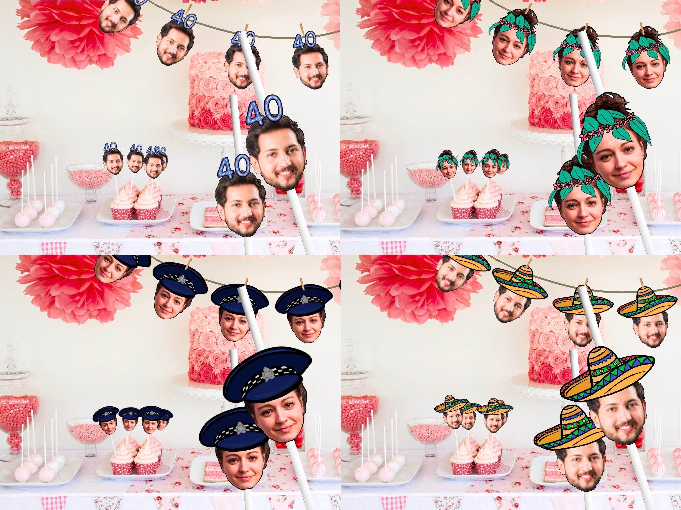 Printable Custom photo head Party Cupcake Toppers, Straws, Stickers, Banner, birthday decorations, personalised, decor, engagement, funny