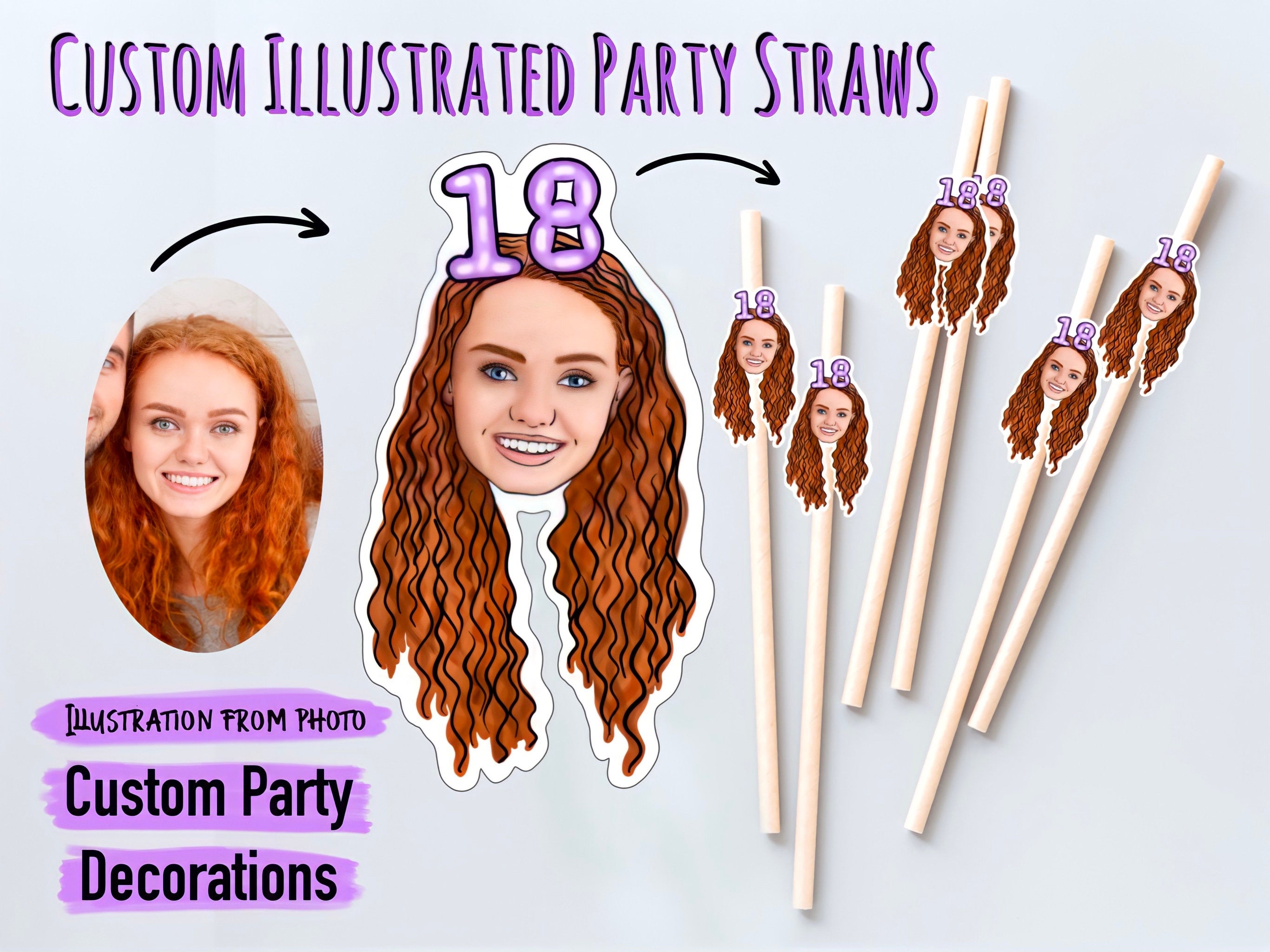 ILLUSTRATED PARTY STRAWS, drawing from photo, Custom, 18th Birthday gift, cupcake art, happy birthday Banner, 21st decorations, personalised