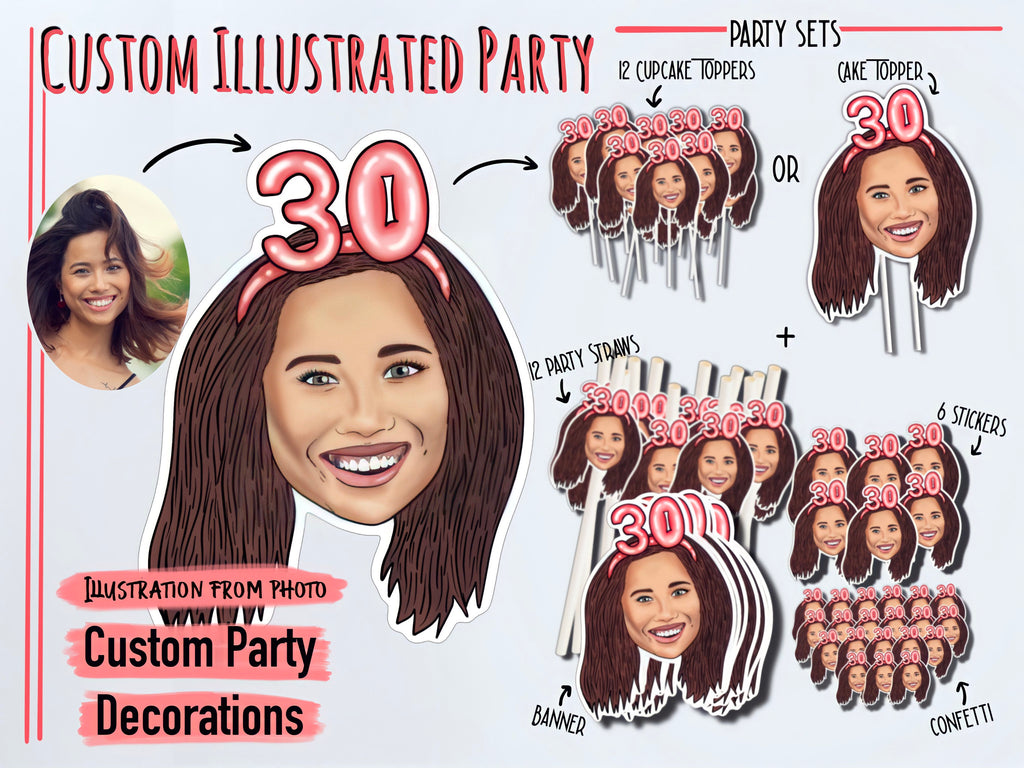 ILLUSTRATED PARTY SET, drawing from photo, birthday decorations, Banner, straw, topper, personalised portrait