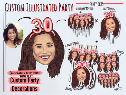 ILLUSTRATED PARTY SET, drawing from photo, birthday decorations, Banner, straw, topper, personalised portrait