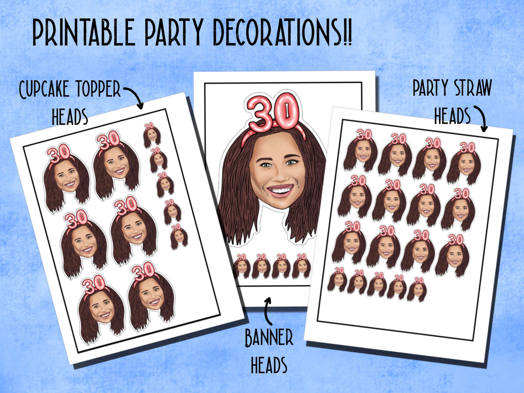Printable decorations, 30th birthday Party, drawing from photo, custom Cupcake Toppers, happy birthday banner, personalised gift,