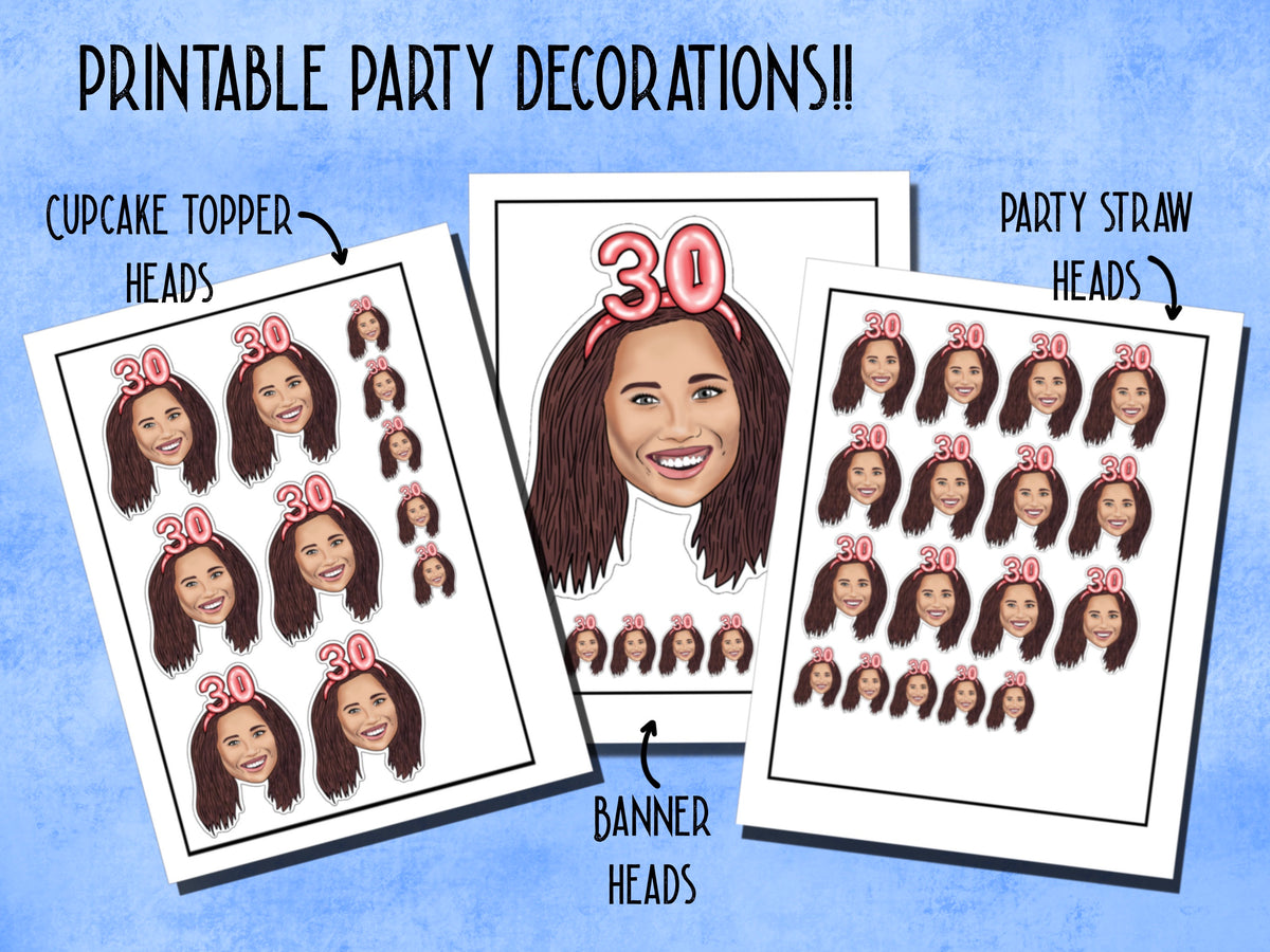 Printable decorations, 30th birthday Party, drawing from photo, custom Cupcake Toppers, happy birthday banner, personalised gift,