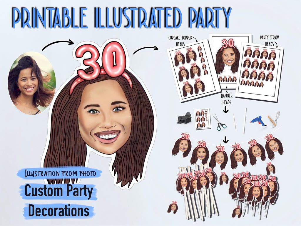 Printable decorations, 30th birthday Party, drawing from photo, custom Cupcake Toppers, happy birthday banner, personalised gift,