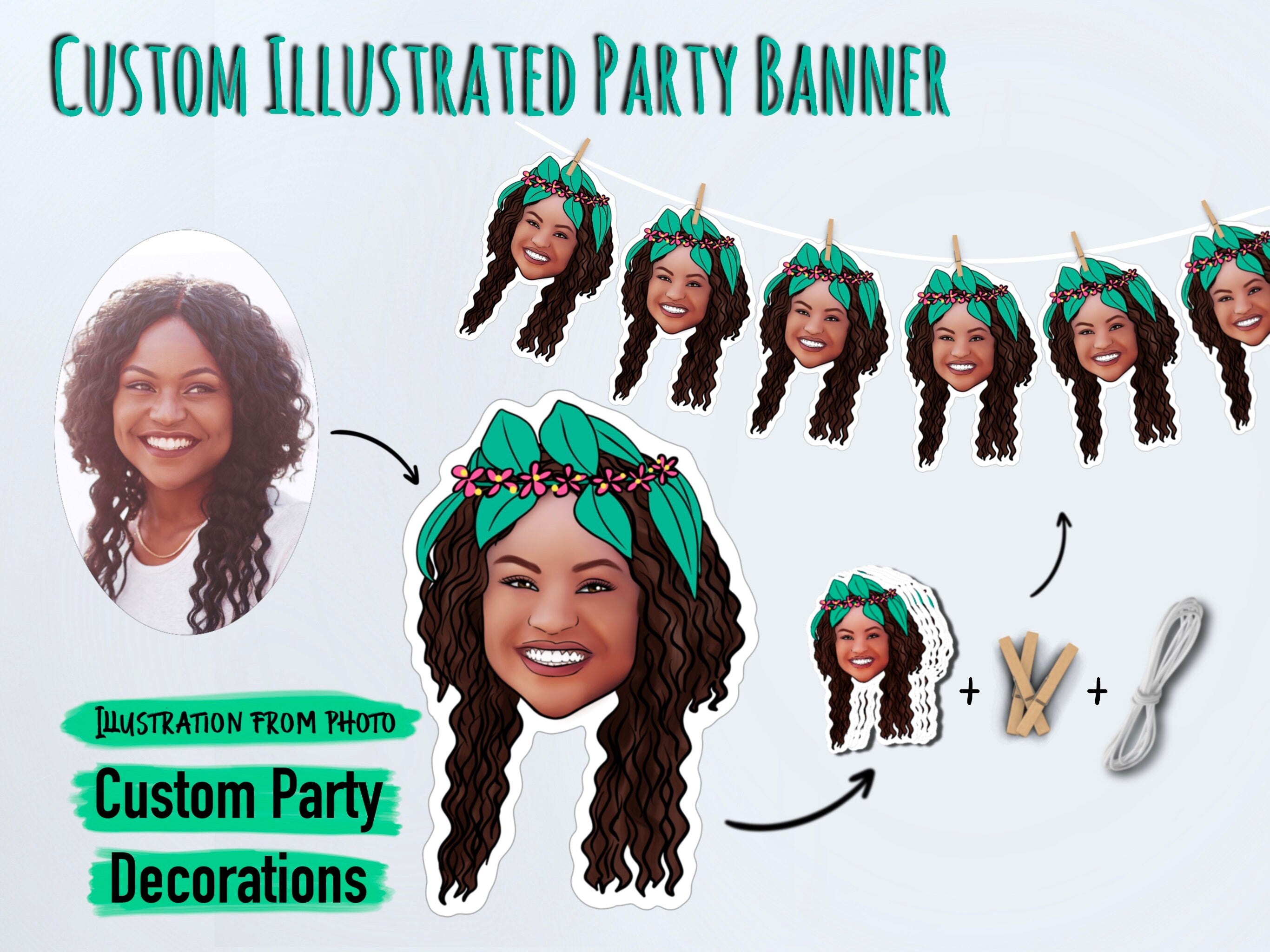 ILLUSTRATED BANNER, Party pack, Hen do decorations, Illustrated, drawing from photo, birthday, personalised, graduation