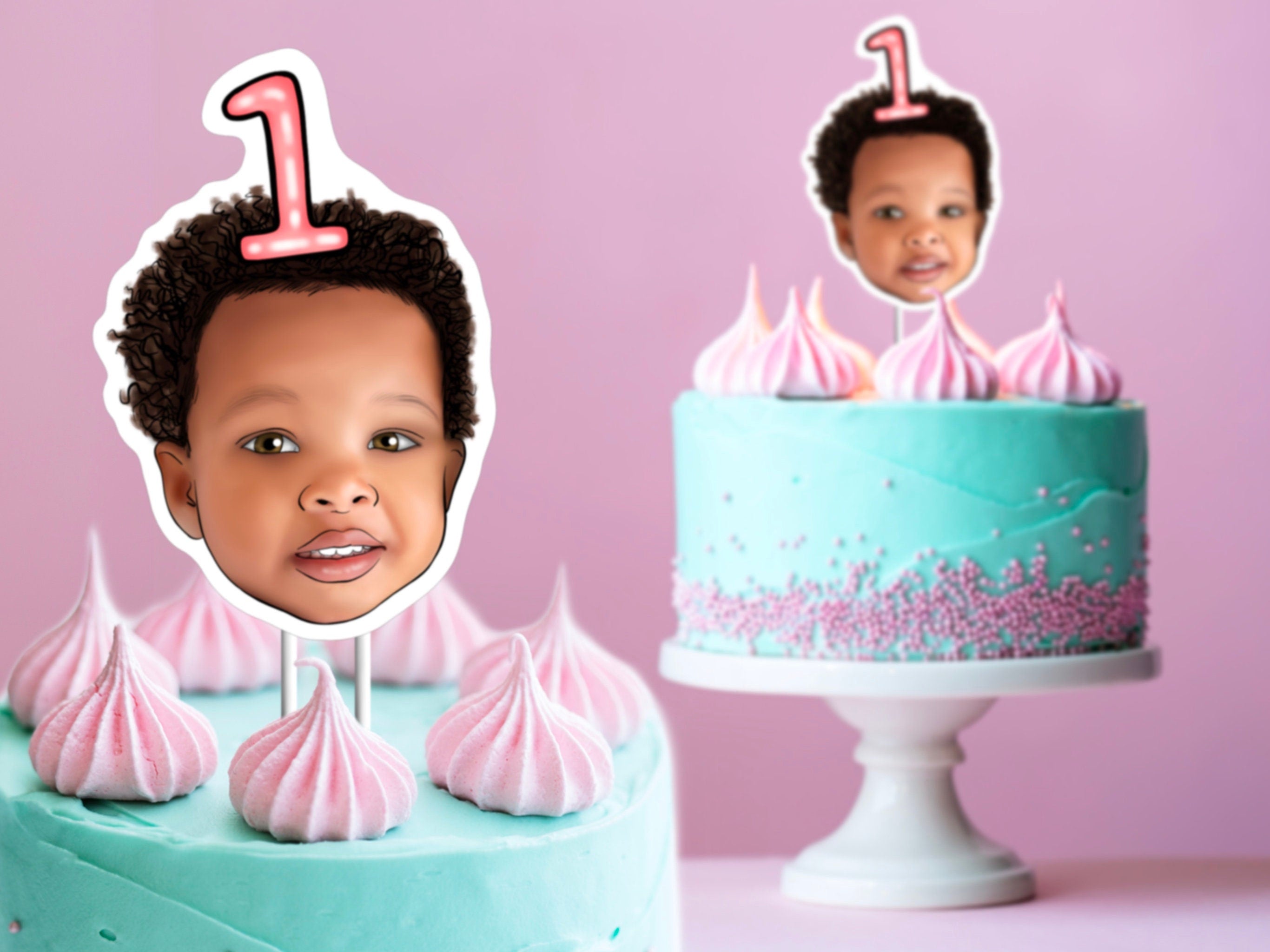 ILLUSTRATED CAKE TOPPER | number on head, 1st Birthday decorations, personalised, photo drawing