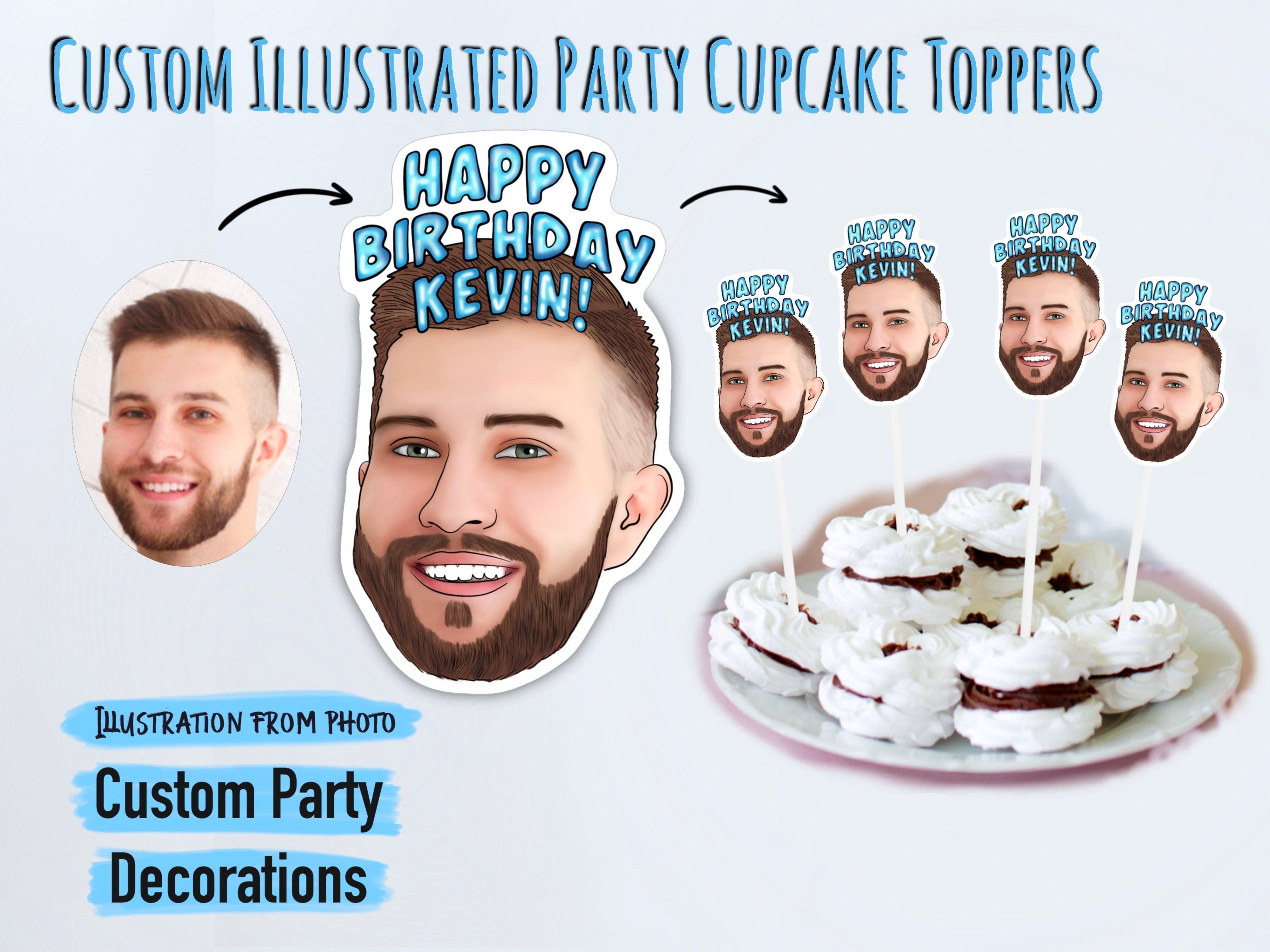 ILLUSTRATED CUPCAKE TOPPERS | drawing from photo, Birthday Party, Event Banner, decorations, personalised gift
