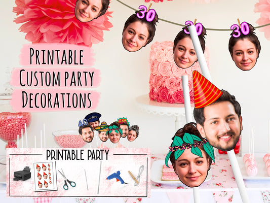 Printable Custom photo head Party Cupcake Toppers, Straws, Stickers, Banner, birthday decorations, personalised, decor, engagement, funny