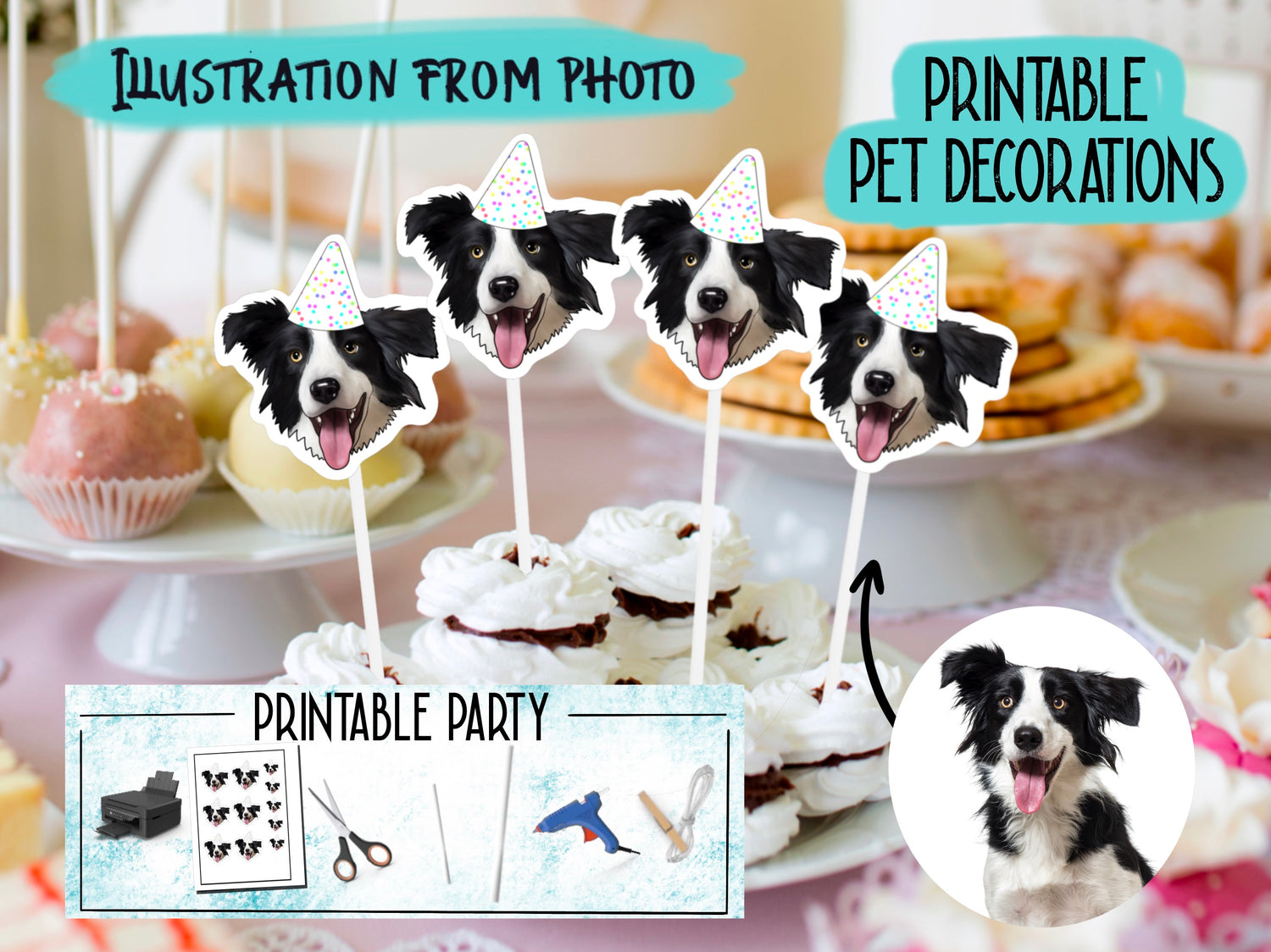 Printable decorations, dog cake topper, pet, cat cake, drawing from photo, custom Cupcake Toppers, happy birthday banner, personalised gift,