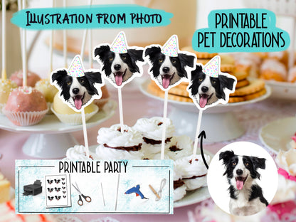Custom Pet Portrait Cake Topper, Dog Cat Drawing from Photo, PRINTABLE Birthday Banner and Cupcake Toppers, Personalised Party Decorations