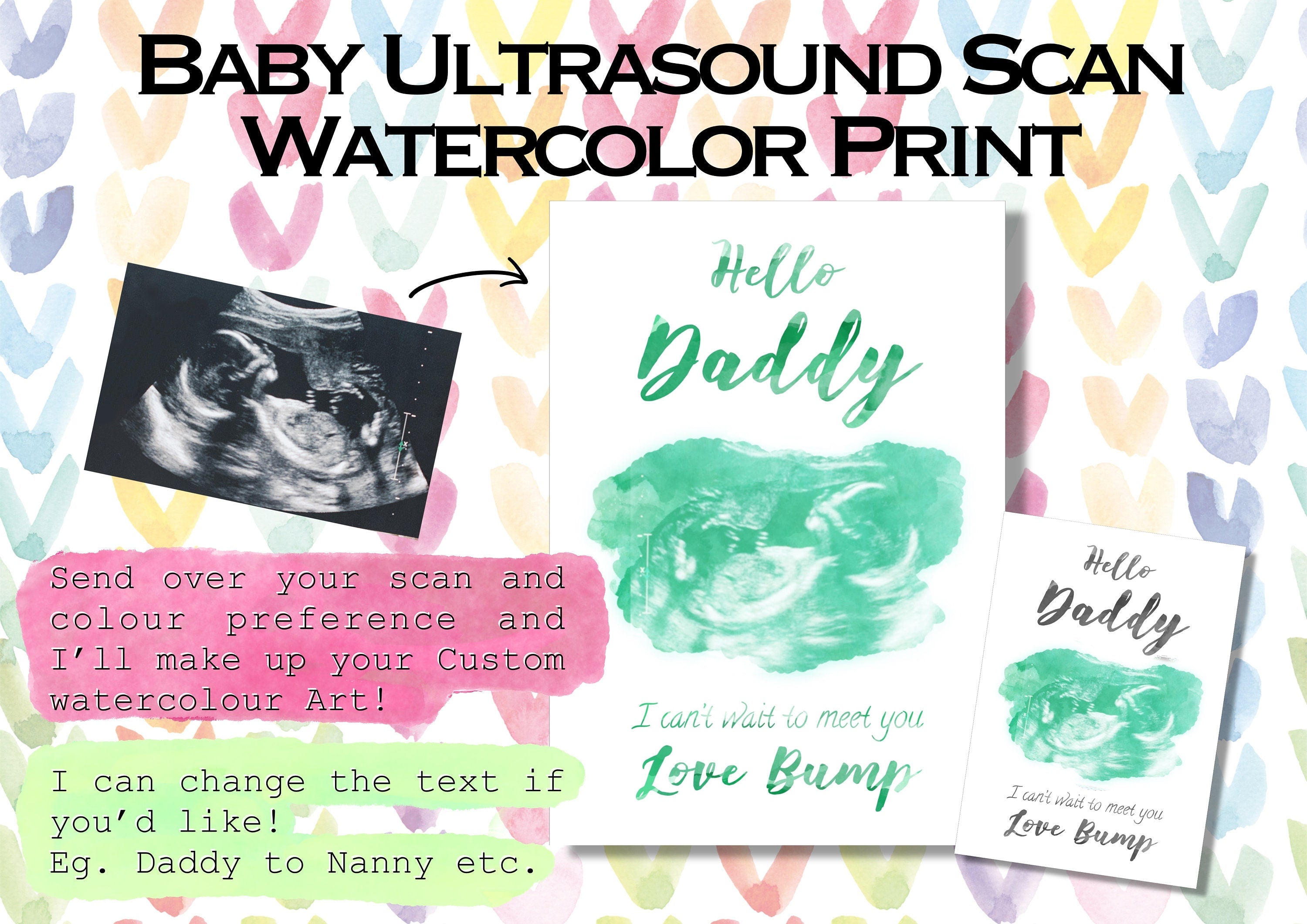 Watercolour Ultrasound or Sonogram Art, Baby scan print, card, Keepsake, digital available, Gender reveal Announcement, Mum to be, Pregnancy