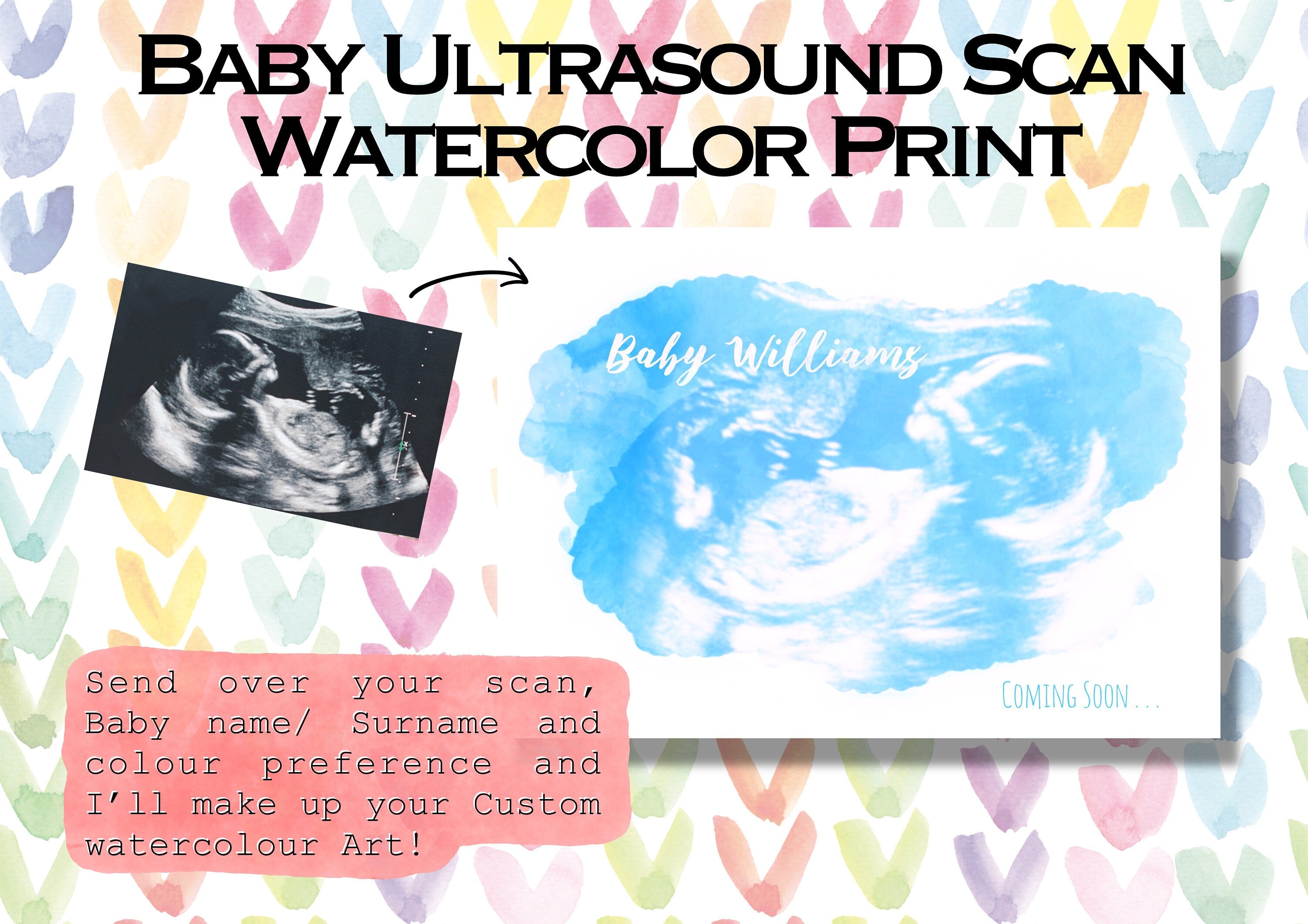 Watercolour Ultrasound or Sonogram Art, Baby scan print, card, Keepsake, digital available, Gender reveal Announcement, Mum to be, Pregnancy