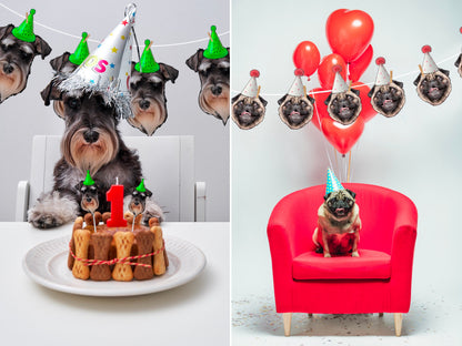 Pet birthday celebration with custom dog face banners. Schnauzer with party hat and bone cake on left, pug with balloons and party hat on right. Perfect personalised decoration for pet parties.