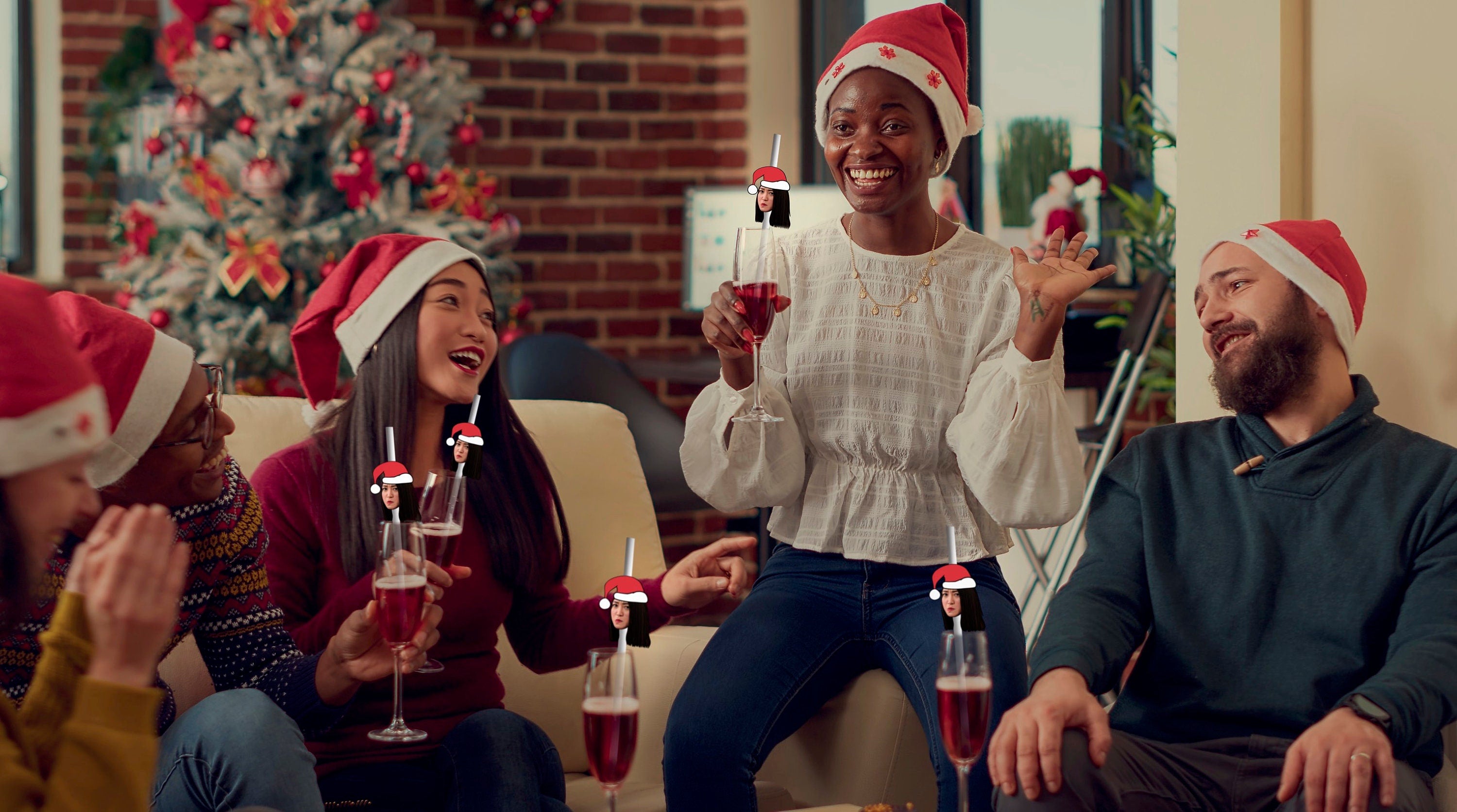 Friends celebrating at a festive Christmas party, each holding holiday-themed party straws adorned with cheerful decorations and designs.