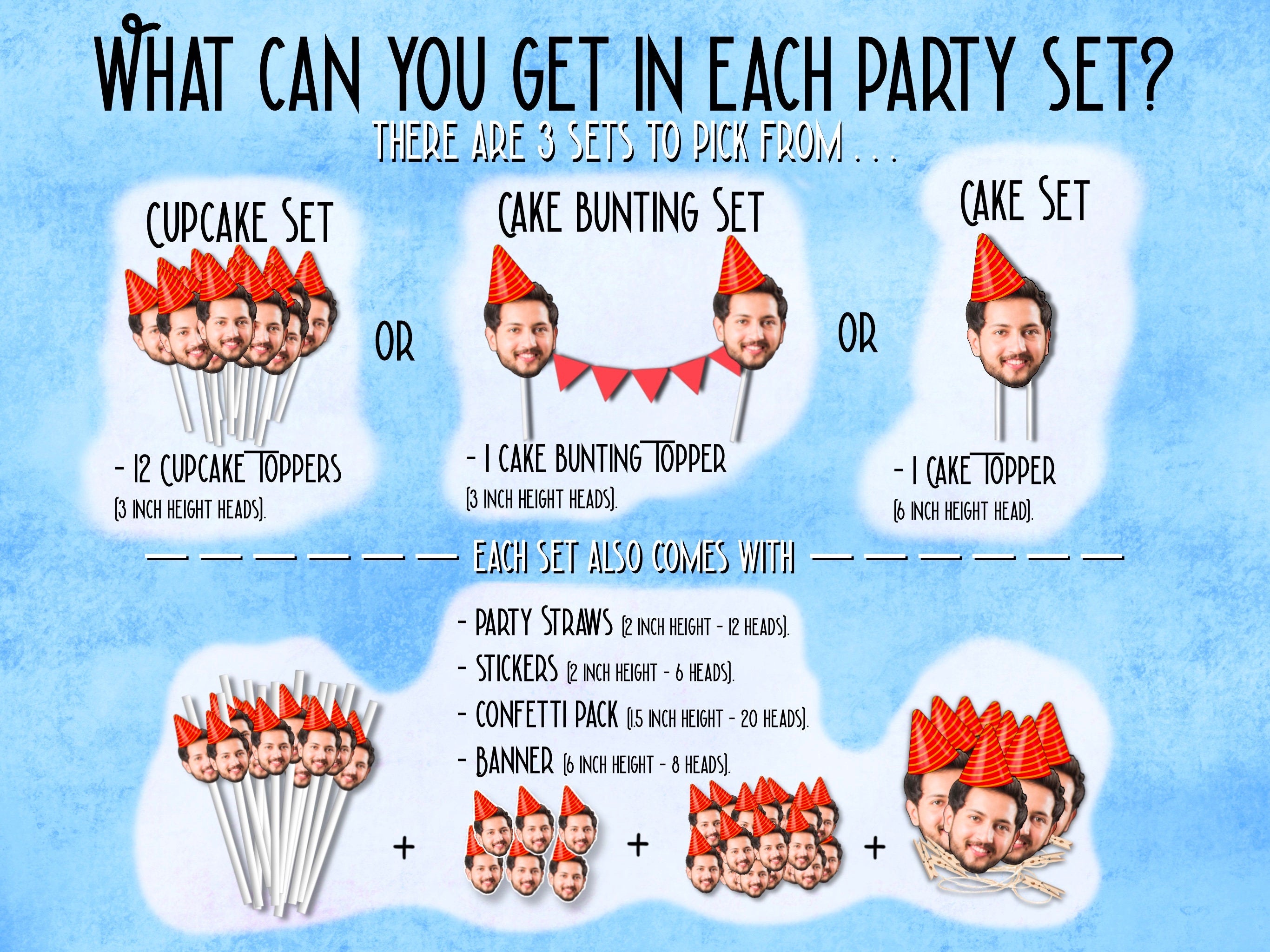 FULL SET | Face Toppers, Custom Confetti, Head Stickers, Banner decorations, personalised party | funny hats | Baby, Adult or Pet head