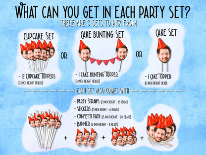FULL SET | Face Toppers, Custom Confetti, Head Stickers, Banner decorations, personalised party | funny hats | Baby, Adult or Pet head